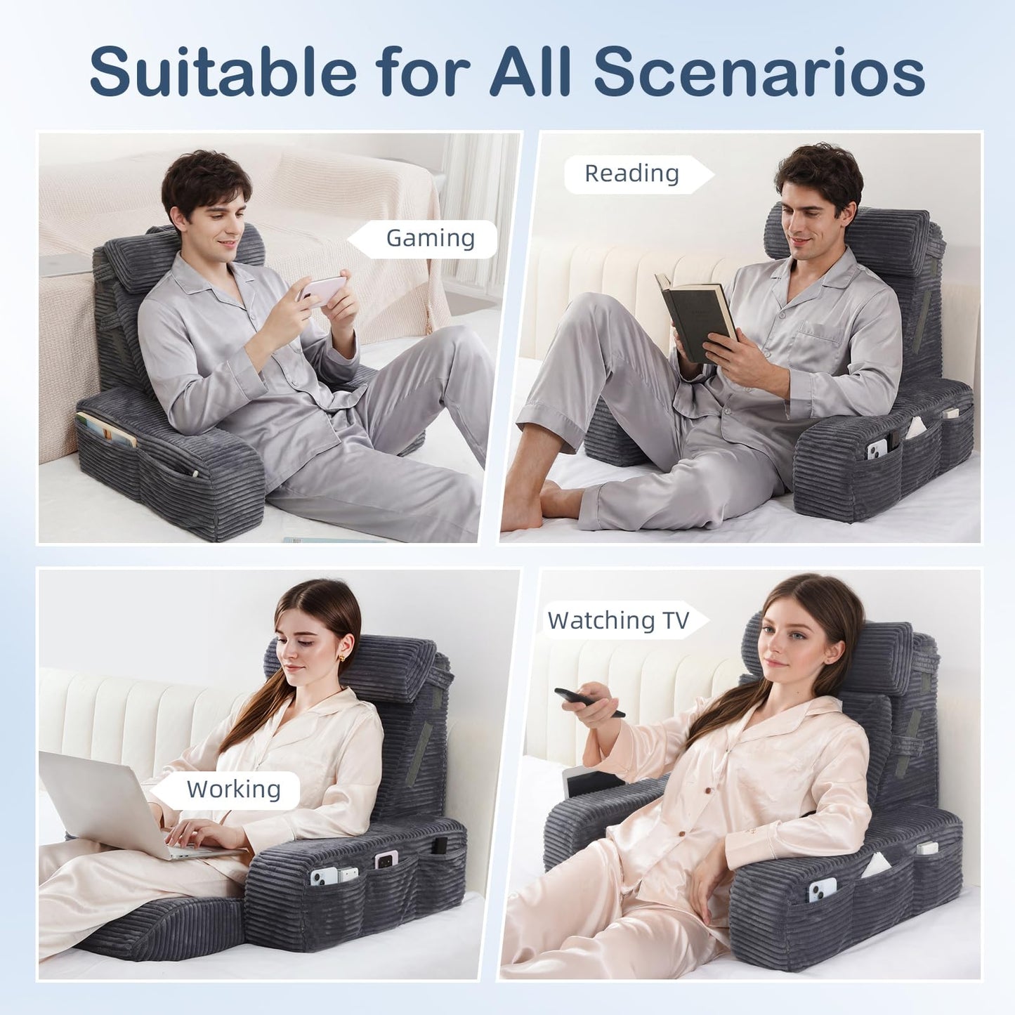 Vekkia Adjustable Reading Pillow & Back Pillow with Backrest – Zoned Multi-Density Foam for Targeted Support, XL Side Pockets – Bed Chair for Reading, Gaming, Relaxing & Post-Surgery Recovery