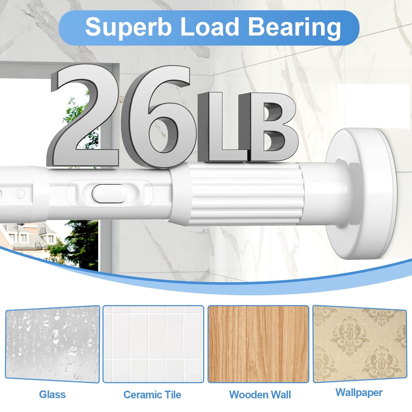 Long Tension Rod 39-144inch White Tension Curtain Rods no Drilling 1.26" Diameter Outdoor Curtain Rod for Patio,Windows,Shower,Doorway,Heavy Duty Spring Rods