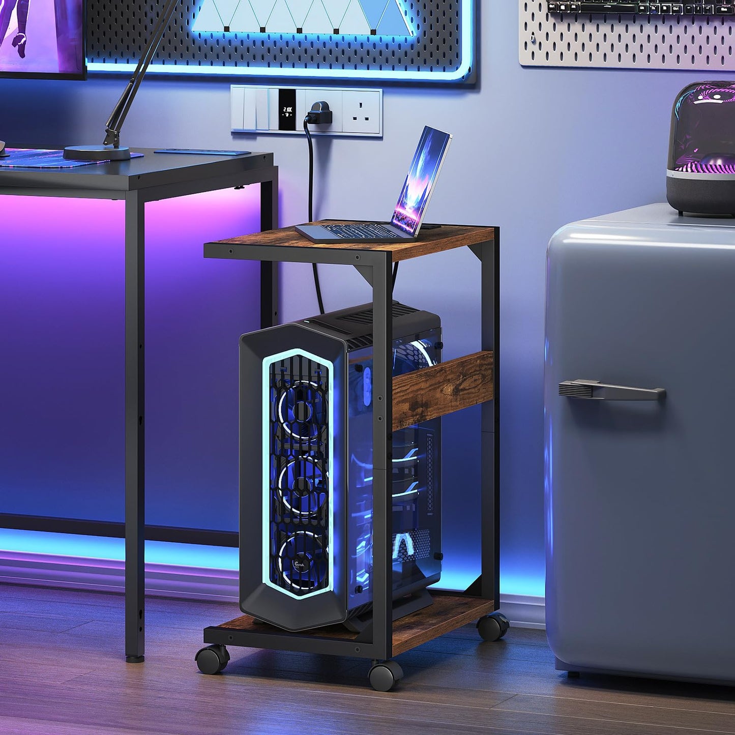HOOBRO Computer Tower Stand, PC Stand with Charging Station, 2-Tier PC Tower Stand with Locking Caster Wheels, CPU Stand Fits Most PCs, PC Stand for Floor, for Home Office Rustic Brown BF01UCJ01G1