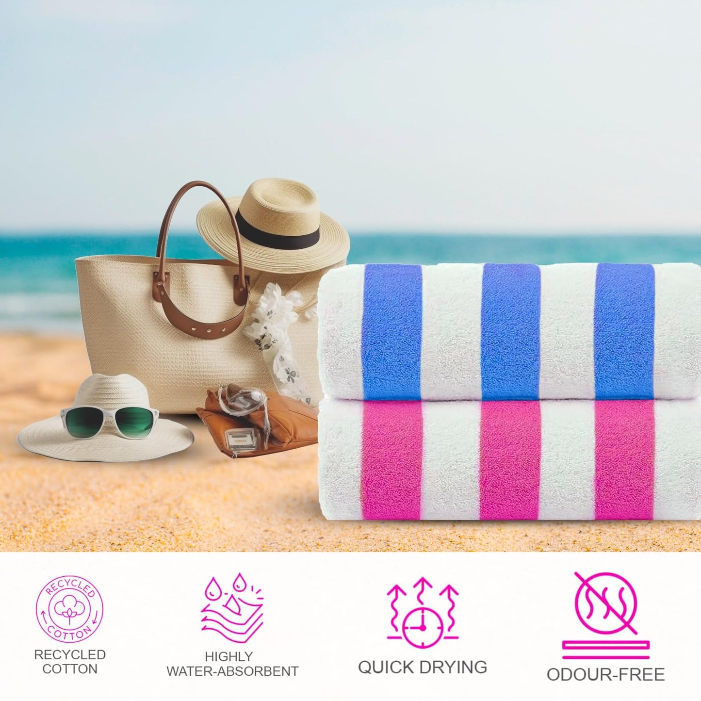 Casa Copenhagen Cabana Towel 4Pcs Teal,Blue,Pink,Green Designer Stripe Beach Towels Gift Set, 30"x60" Oversized 100%Cotton Pool Bath Towel for Beach Gift Set (Perfect Summer Gift Set For Women & Men)