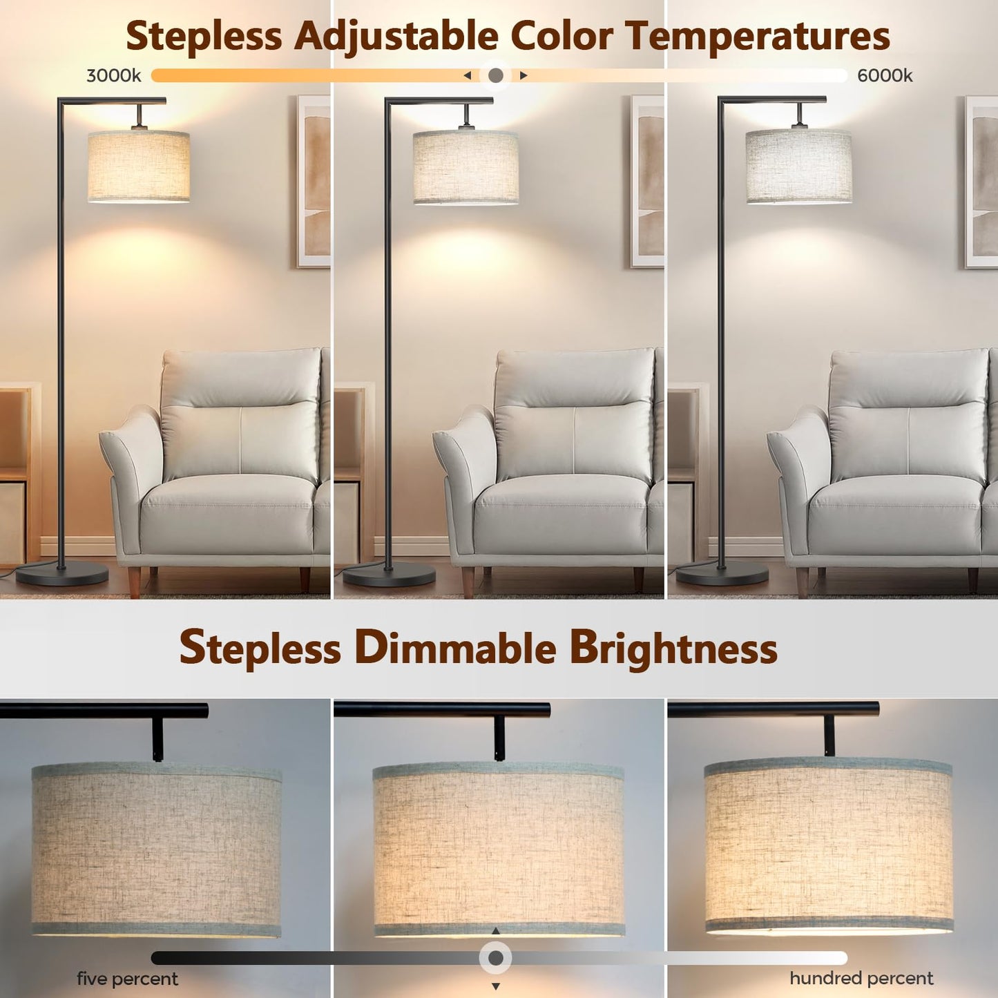 CNXIN Floor Lamps with Remote Control and Stepless Dimmable Color Temperature and Brightness Standing Lamp with Adjustable Beige Linen Lampshade Pole Lamp for Bedroom Office, 9W Bulb Included, Black