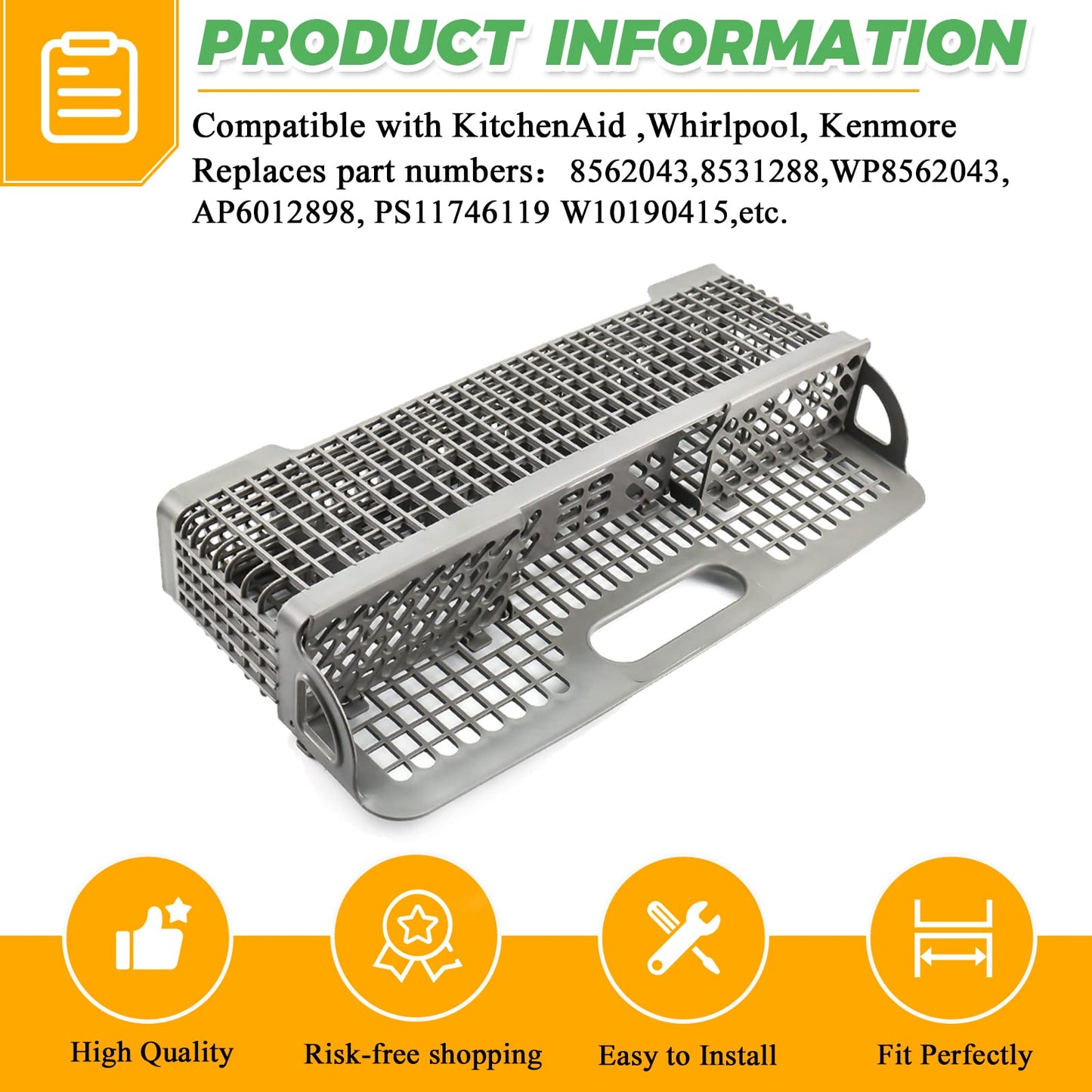 Upgraded Dishwasher Silverware Basket Replacement for 8531233 WP8562043 Whirlpool Kitchenaid Dishwasher Utensil Basket Replace WP8531233VP 8531233 W10190415 8531288 Cutlery Basket Holder by Techecook