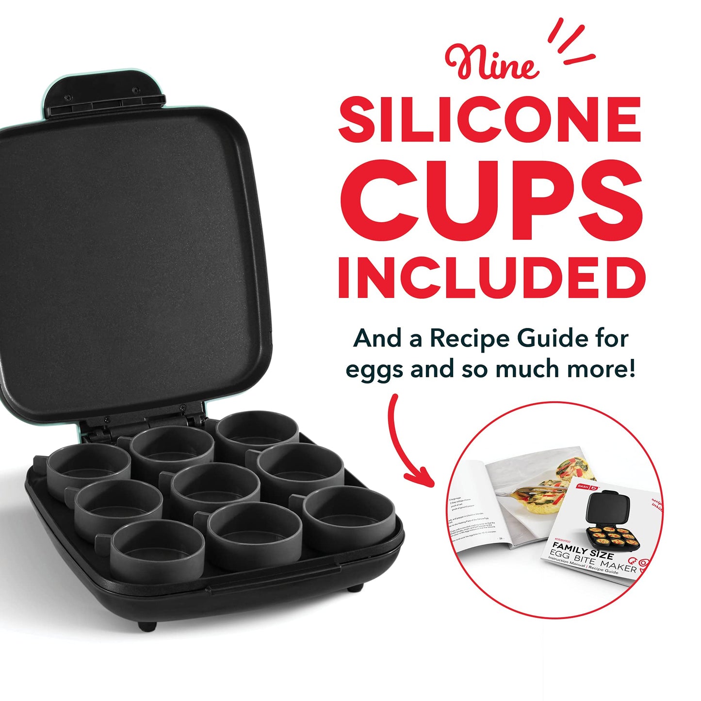 Dash Family Size Egg Bite Maker - Electric Egg Bite Maker with Non-Stick Silicone Cups - Space-Saving Design & Quick Cleanup - Make Sandwiches, Healthy Snacks & Desserts - 9 Servings, Aqua