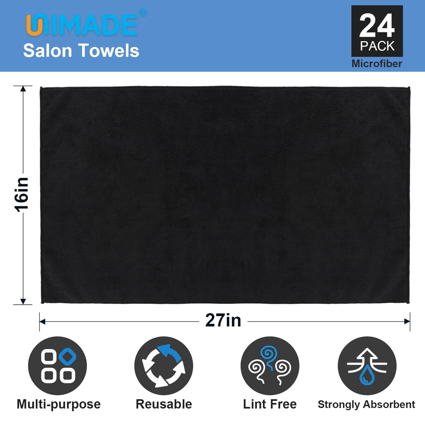 UNIMADE 24 Pack Salon Towels - Highly Absorbent and Quick Drying Hand Towels, Premium Wash Cloths for Bathroom, Gym, Shower, Hotel, and Spa - 16x27 inch (Black)