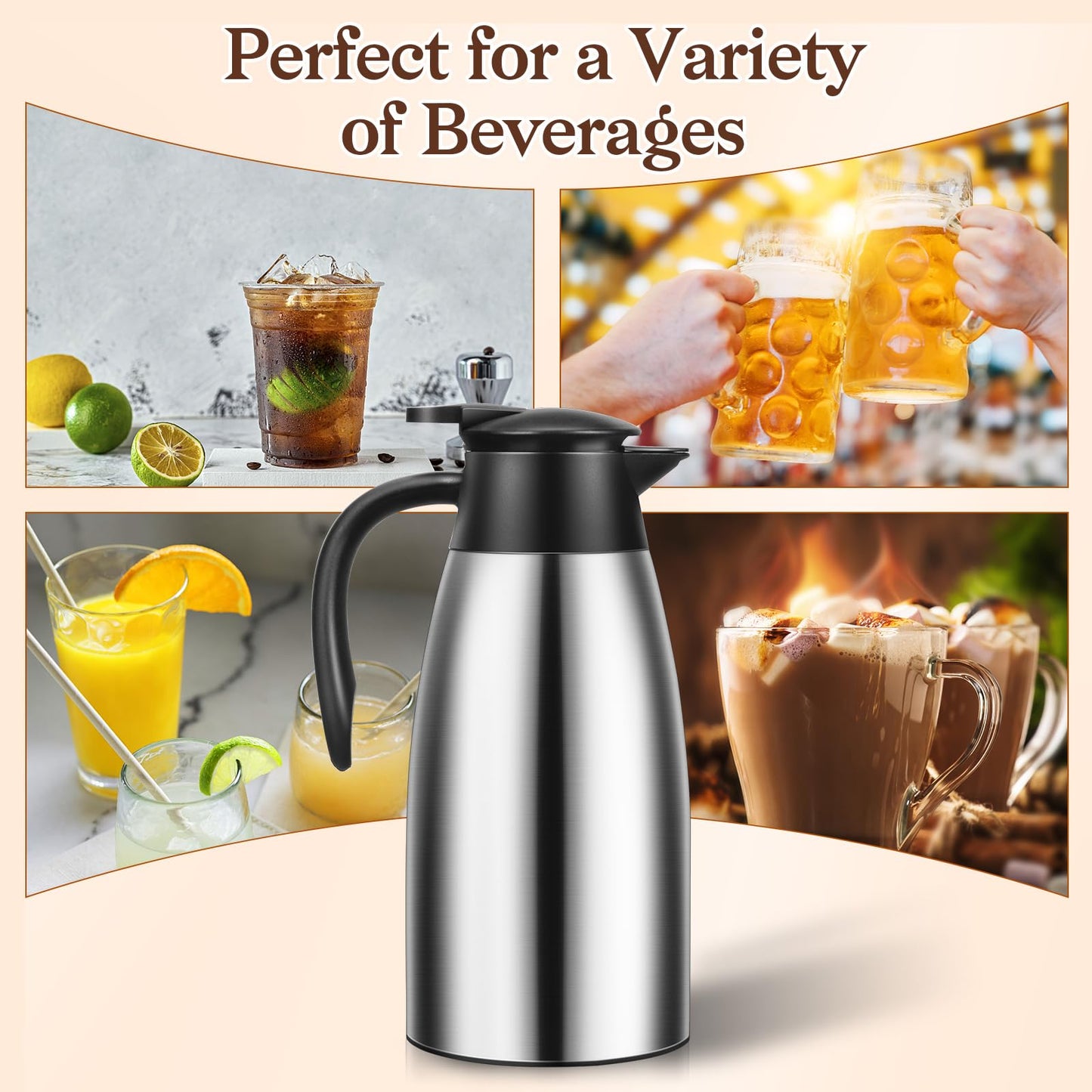 Essenya 2 PCS 68 OZ Thermal Coffee Carafe, Insulated Stainless Steel Coffee Carafe Double Walled Vacuum Thermal Pot Flask with Brushes for Keeping Hot Coffee Tea Home and Office (Silver)