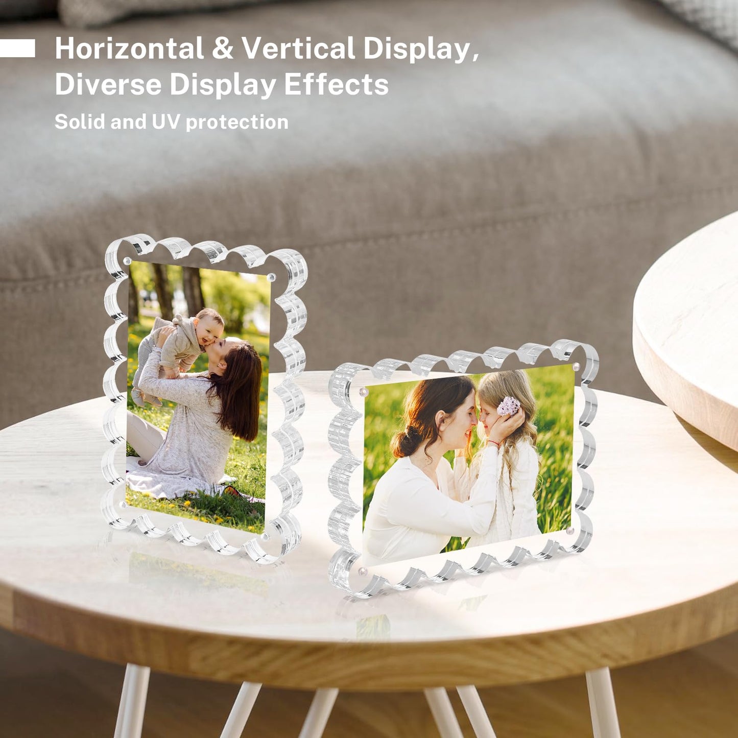 HOUSE DAY Acrylic Picture Frames 5x7 Acrylic Frame, 3 Pack Scalloped Magnetic 5x7 Picture Frame, Double Sided Clear 5 x 7 Photo Frame, Frameless FreeStanding 5 x 7 Picture Frames Gift for Desktop Display