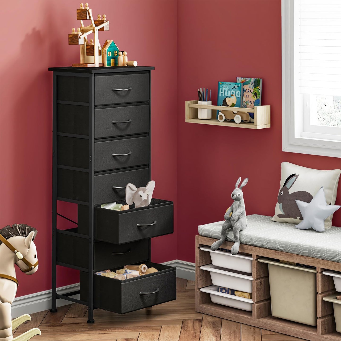 Fixwal Black Tall Skinny Dresser for Bedroom, Narrow Storage Dresser Organizer with 7 Fabric Drawers, Nightstand Furniture in Closet, Entryway, Hallway