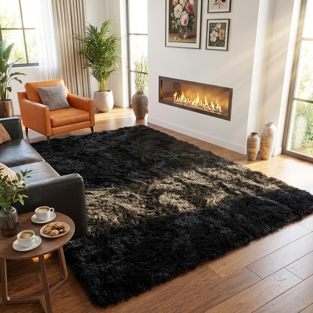 Mugorn 8x10 Area Rugs for Living Room, Large Fluffy Black Rugs for Bedroom, Soft Carpet Shag Kids Room Rug, Non-Slip Fuzzy Rugs Indoor (8ft x 10ft, Black)
