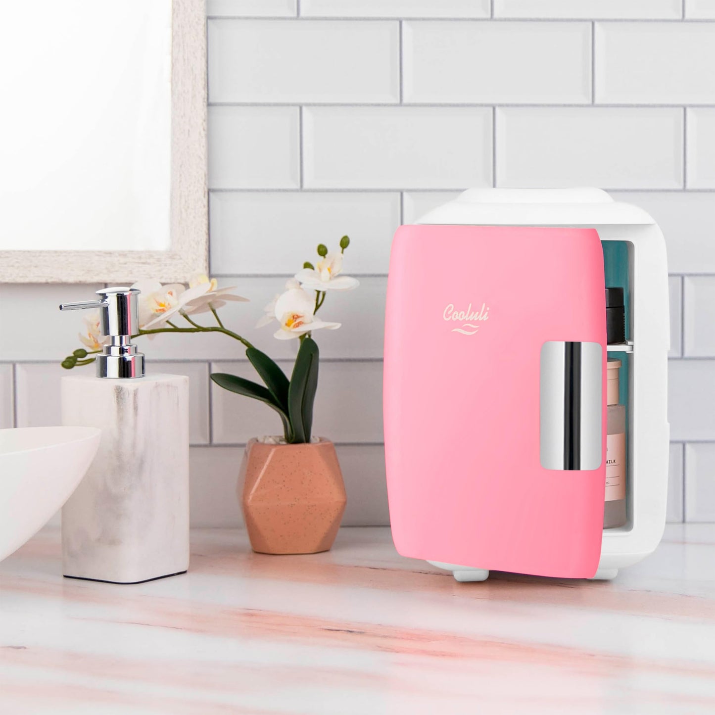 Cooluli Mini Fridge for Bedroom - Car, Office Desk & Dorm Room - Portable 4L/6 Can Electric Plug In Cooler & Warmer for Food, Drinks, Skincare Beauty & Makeup - 12v AC/DC & Exclusive USB Option, Pink