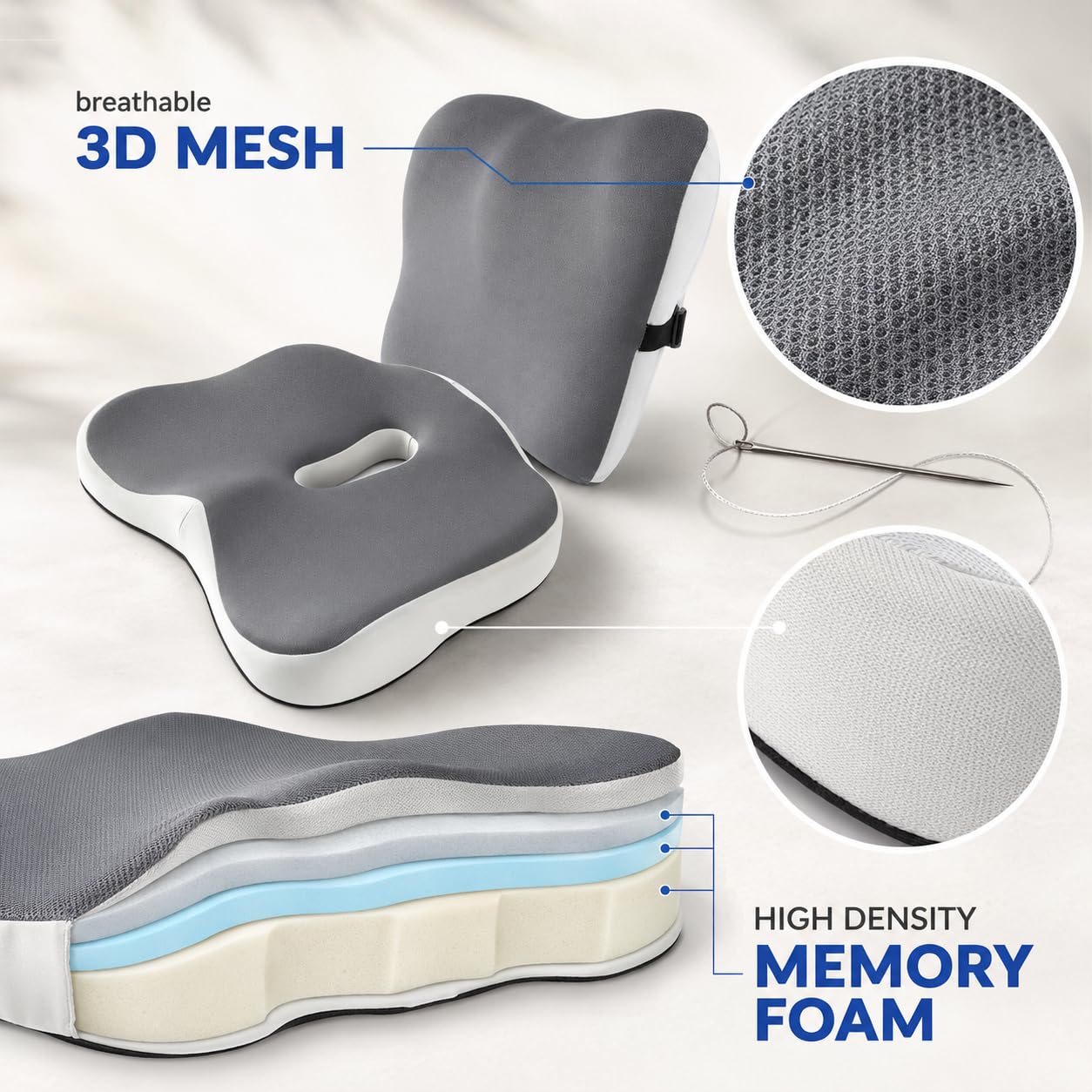 Ergonomic Seat Cushion and Lumbar Support Pillow Set, Breathable Cotton Desk Chair Pad for Sciatica, Back & Tailbone Pain Relief, Office, Car & Gaming Chair Cushion - Grey