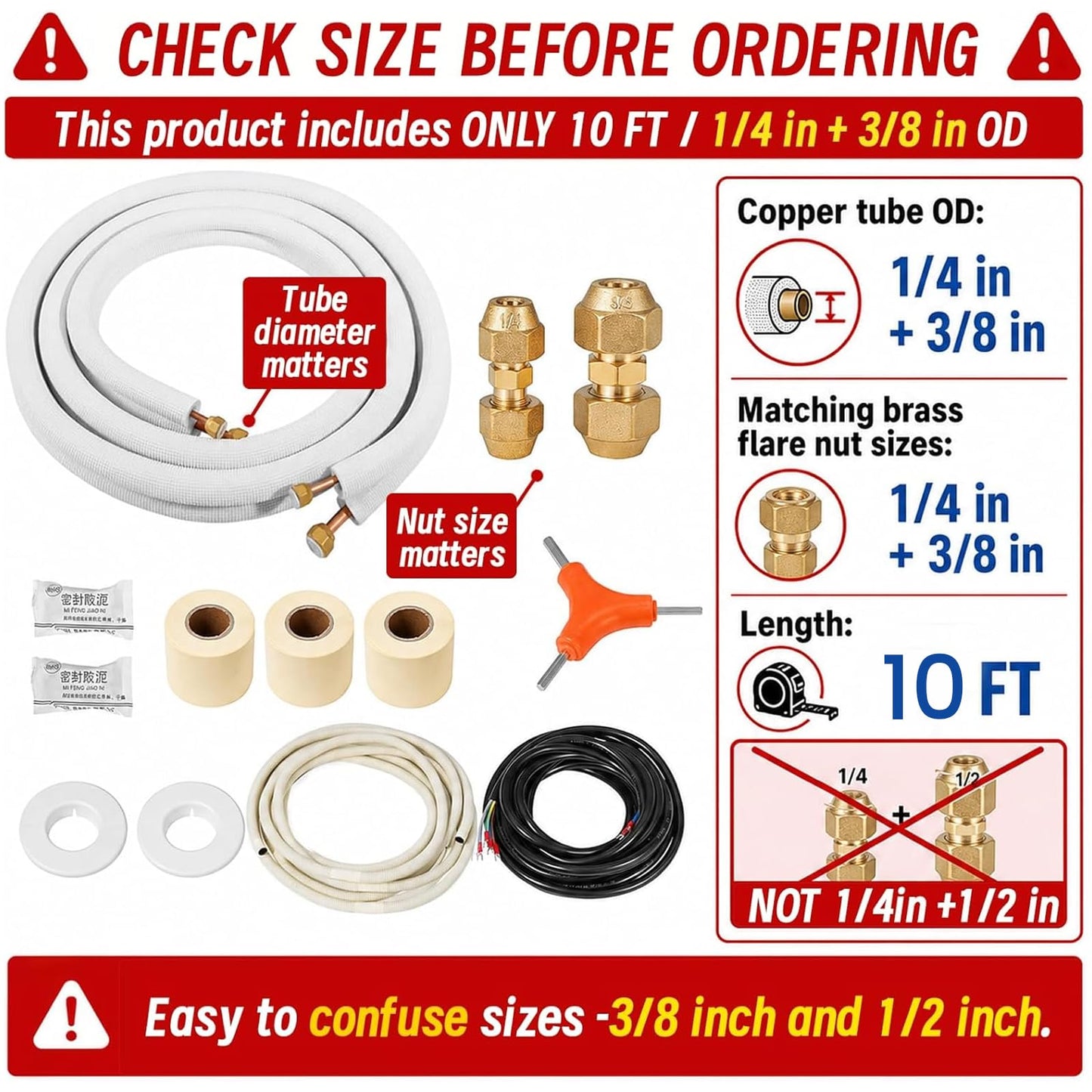 10 Ft Mini split Line set, 1/4"& 3/8" 0.D. Flared copper TubingPipes & 3/8" Thickened PE insulated Coil with Nuts &Installation Kit for Mini Split Air Conditioner & Heat System