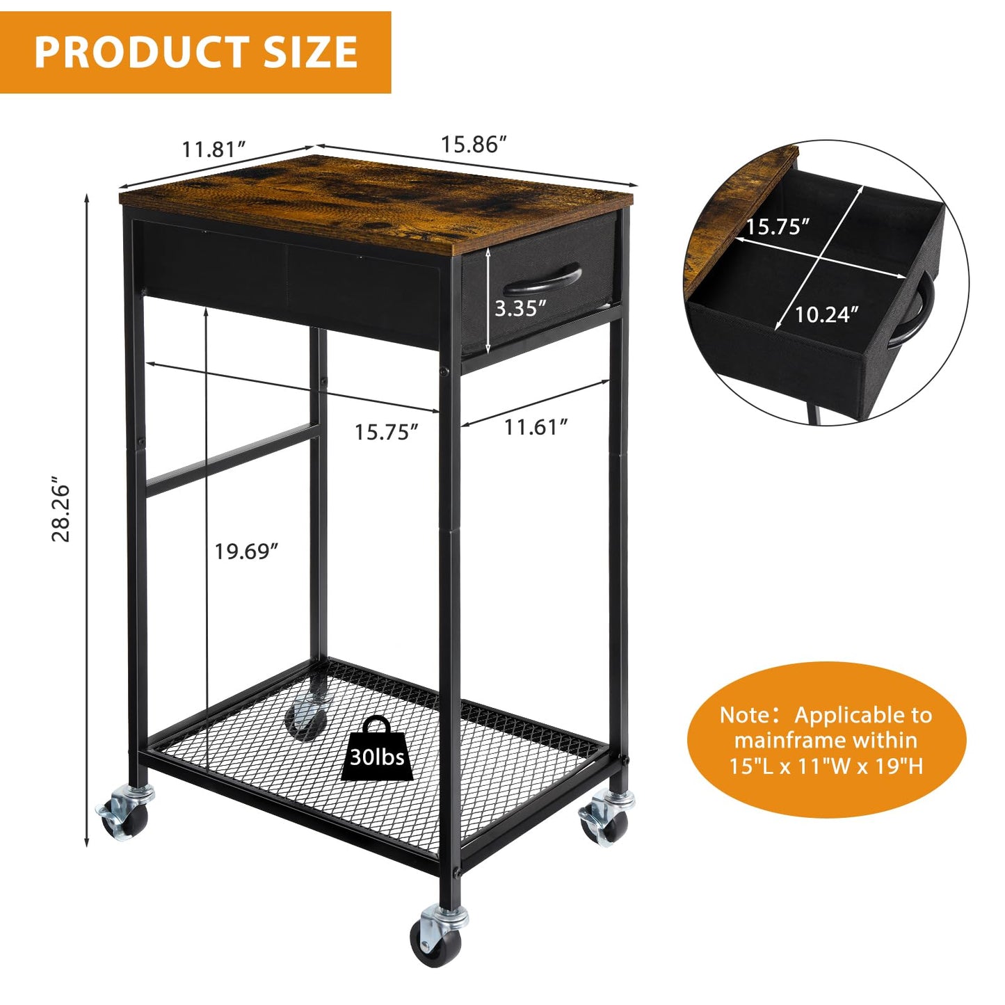 YBING Computer Tower Stand PC Tower Stand with Storage Drawer Mobile CPU Holder Stand with Caster Wheels 2 Tier Rolling Computer Tower Cart for Home Office Fax, Rustic Brown