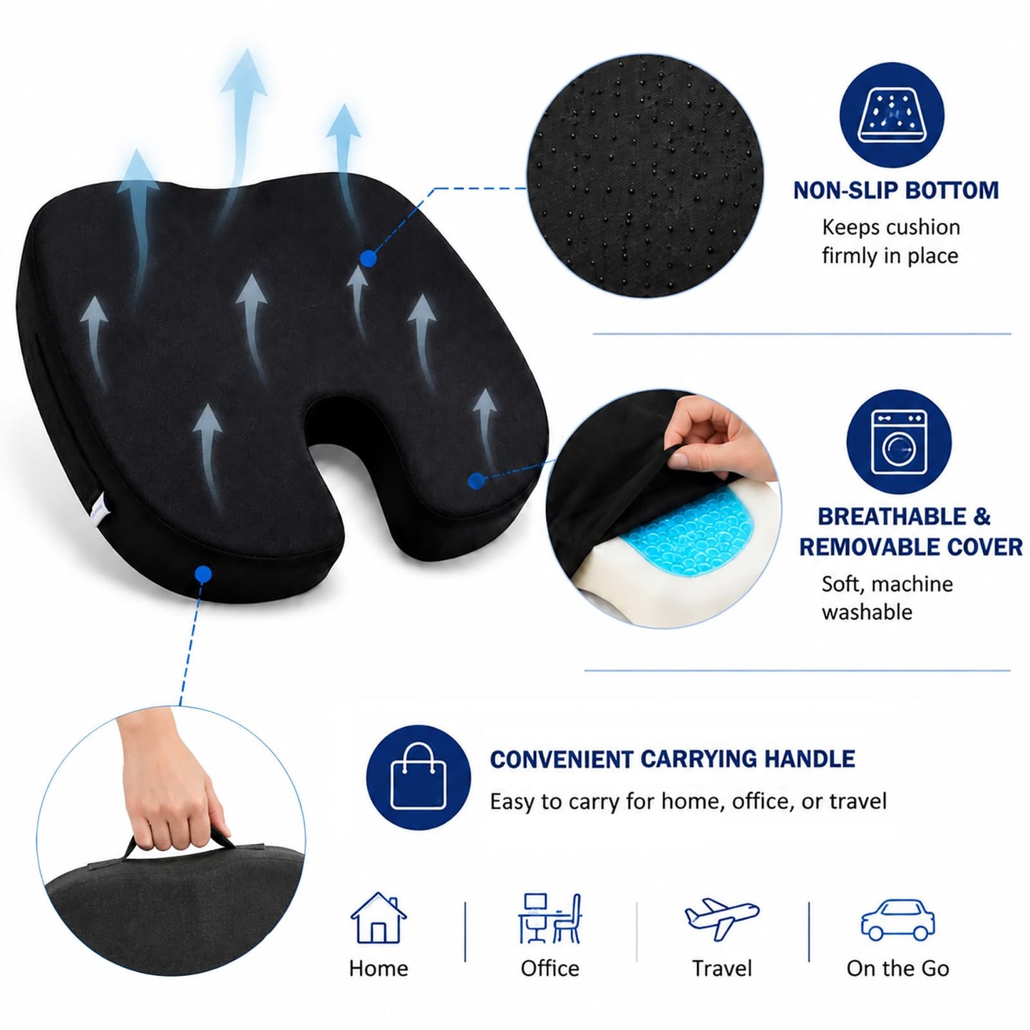 Seat Cushion for Long Sitting, Cooling Gel Memory Foam Seat Cushion - Back, Sciatica, Coccyx, Tailbone Pain Relief - for Office Chairs, Car Seat, Wheelchair Sitting Cushion (Black)