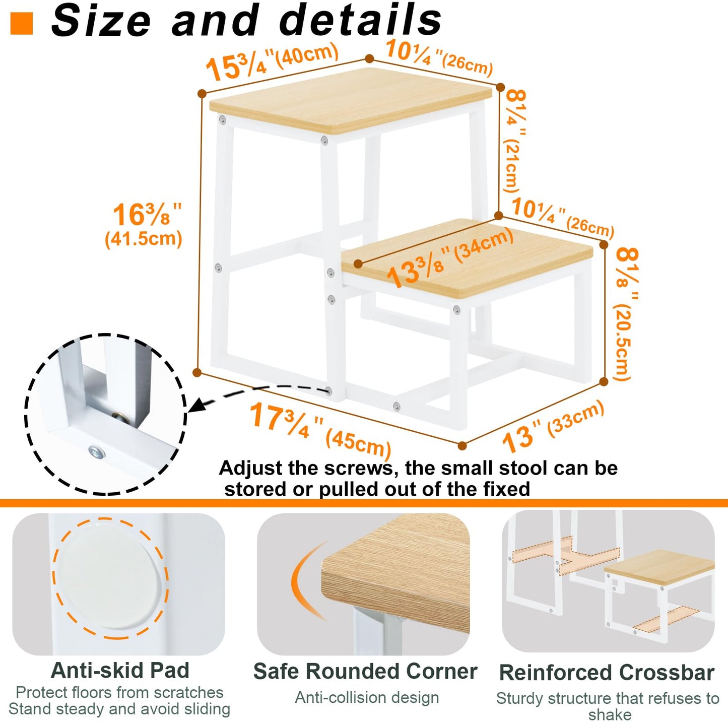 iTsst Step Stool for Adults,Holds up to 500Lb,3 in1 Heavy Duty Sturdy Two Step Stool for Kichen/Bathroom/High beds, Wooden&Metal Frame, Non-Slip Pads (SK402M)