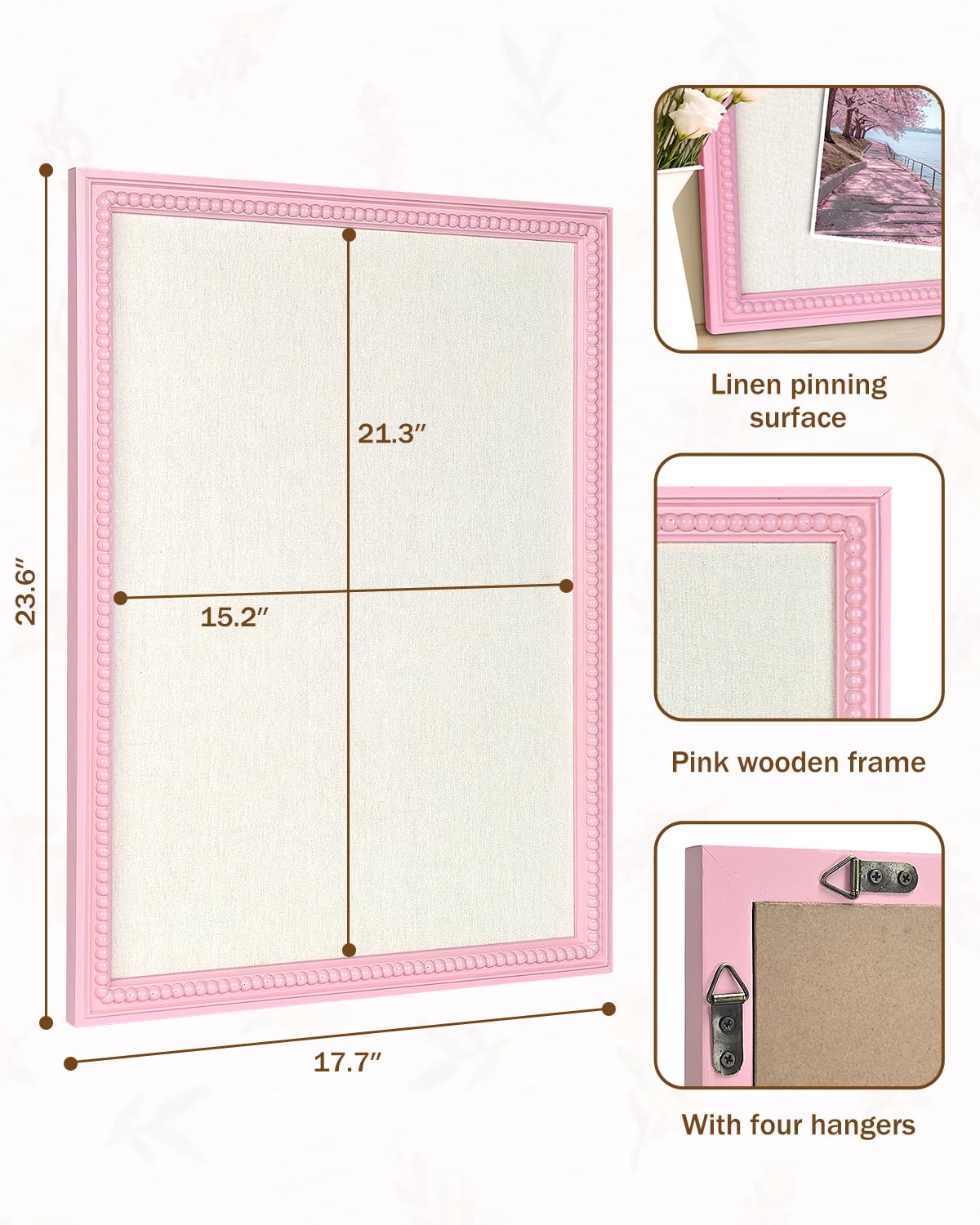 Framed Linen Bulletin Board - 18 x 24 inches Fabric Organizer Pinboard for Wall, Picture Display Vision Board, Cutecore Room Decor - Natural Linen with Pink Frame