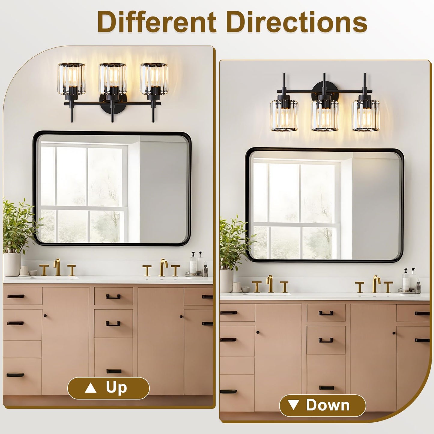 EJIAXIN 3 Light Black Crystal Vanity Light, Modern Bathroom Vanity Light Over Mirror, Up and Down Mount Wall Sconce Lighting for Bathroom Bedroom Living Room Hallway