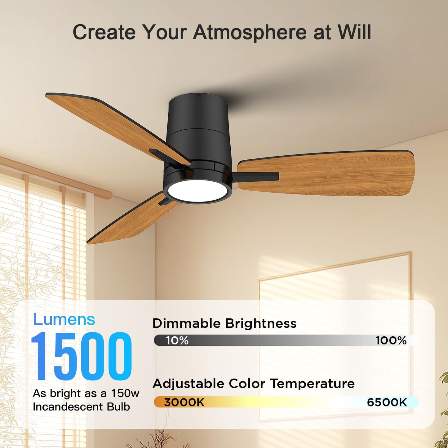 Atolit Ceiling Fans with Lights,42 inch,Quiet Reversible Motor,Easy to Install,6 Speeds,Dimmable,Timer, Black Modern Ceiling Fan for Living Room, Bedroom, Kitchen, Dining room, Office