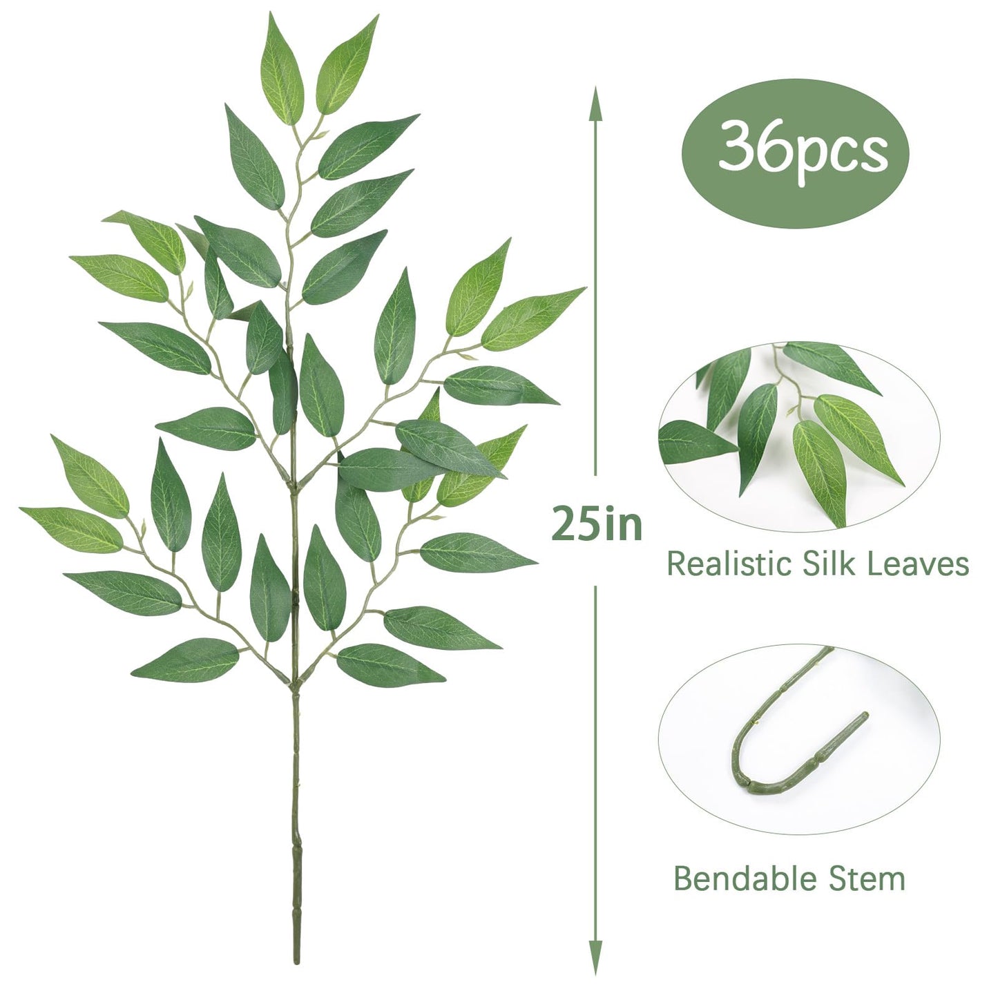 mizii 36pcs Italian Ruscus Artificial Greenery Stems Silk Green Leaves 20in Fake Spray Plants Stem Garland Greenery Decoration for Centerpieces Wedding Arch Flower Bouquet Table Room Wall Decor (36)