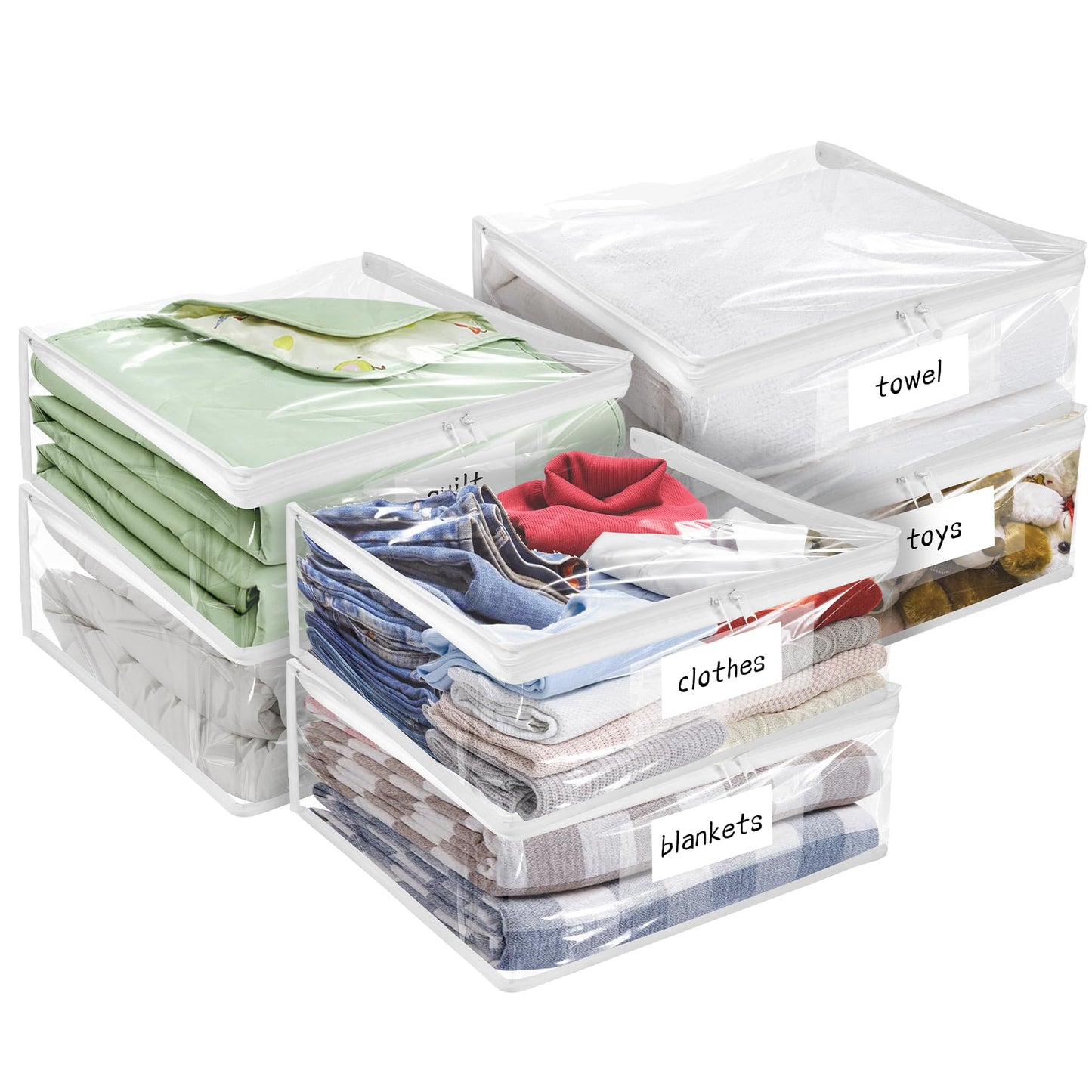 Plastic Storage Bags with Easy-Glide Zipper, Pack of 6, Durable Clear Vinyl Zippered Storage Bags for Clothes Sweaters Comforters Blankets Sheets Bedding (15.7 x 13.8 x 3.9 Inch, White)