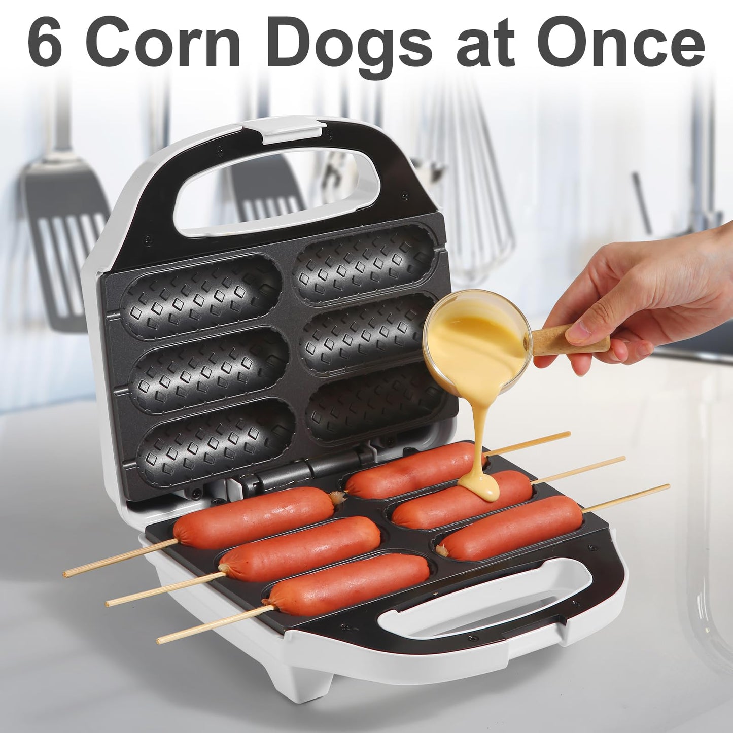 Corn Dog Waffle Maker, Hot Dog Waffle Machine with Non-stick Coating Plate, Hot Dog Maker Toaster Make 6 Corn Dogs, Corn Dog Waffle Machine Make Corn Dog in Minutes, Easy to Clean, White