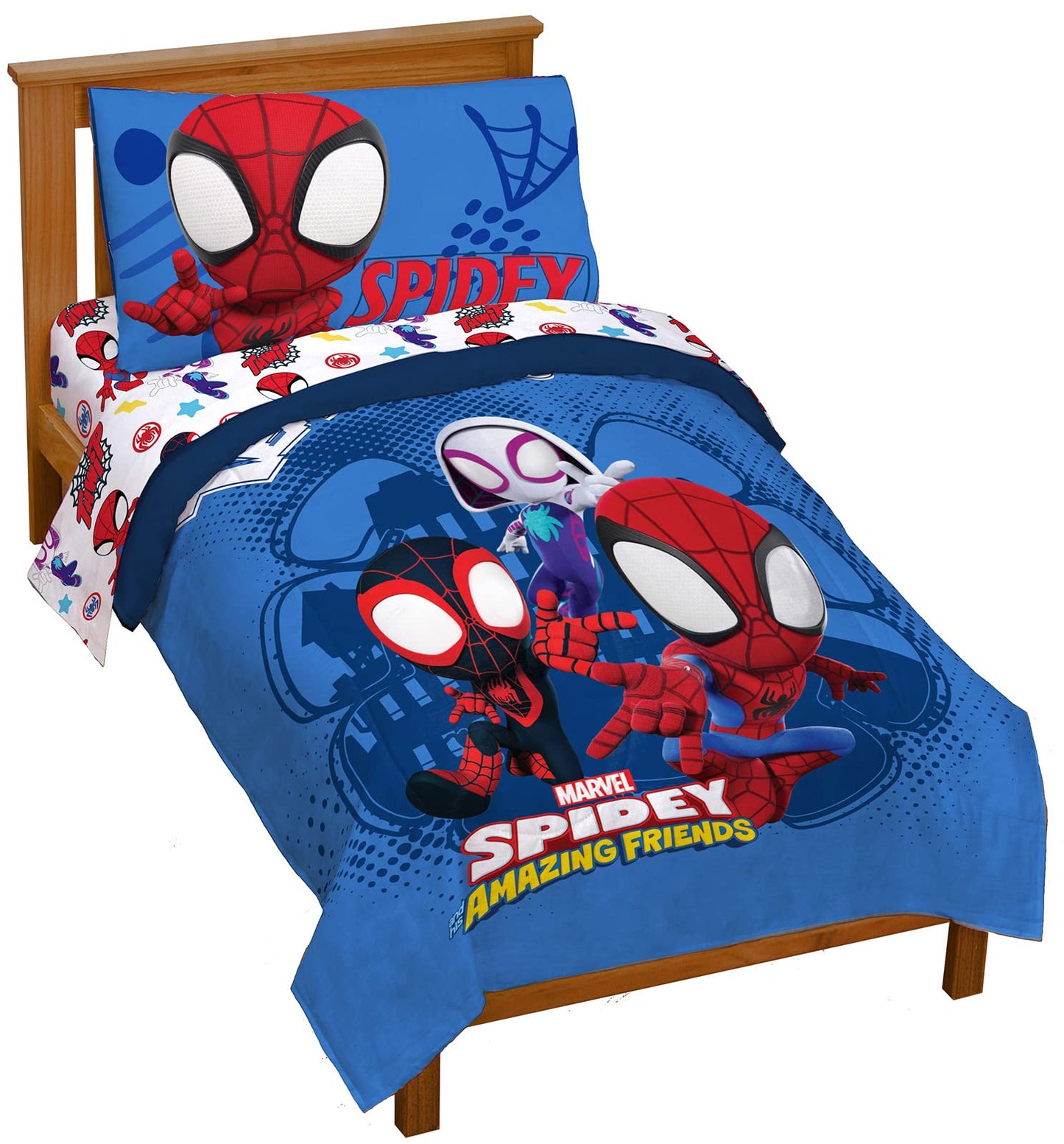 Jay Franco Marvel Spiderman Toddler Bedding Set, 4 Piece Toddler Comforter Spidey and His Amazing Friends, Comforter & Sheets, Fade Resistant Microfiber, Machine Washable (Official Marvel Product)