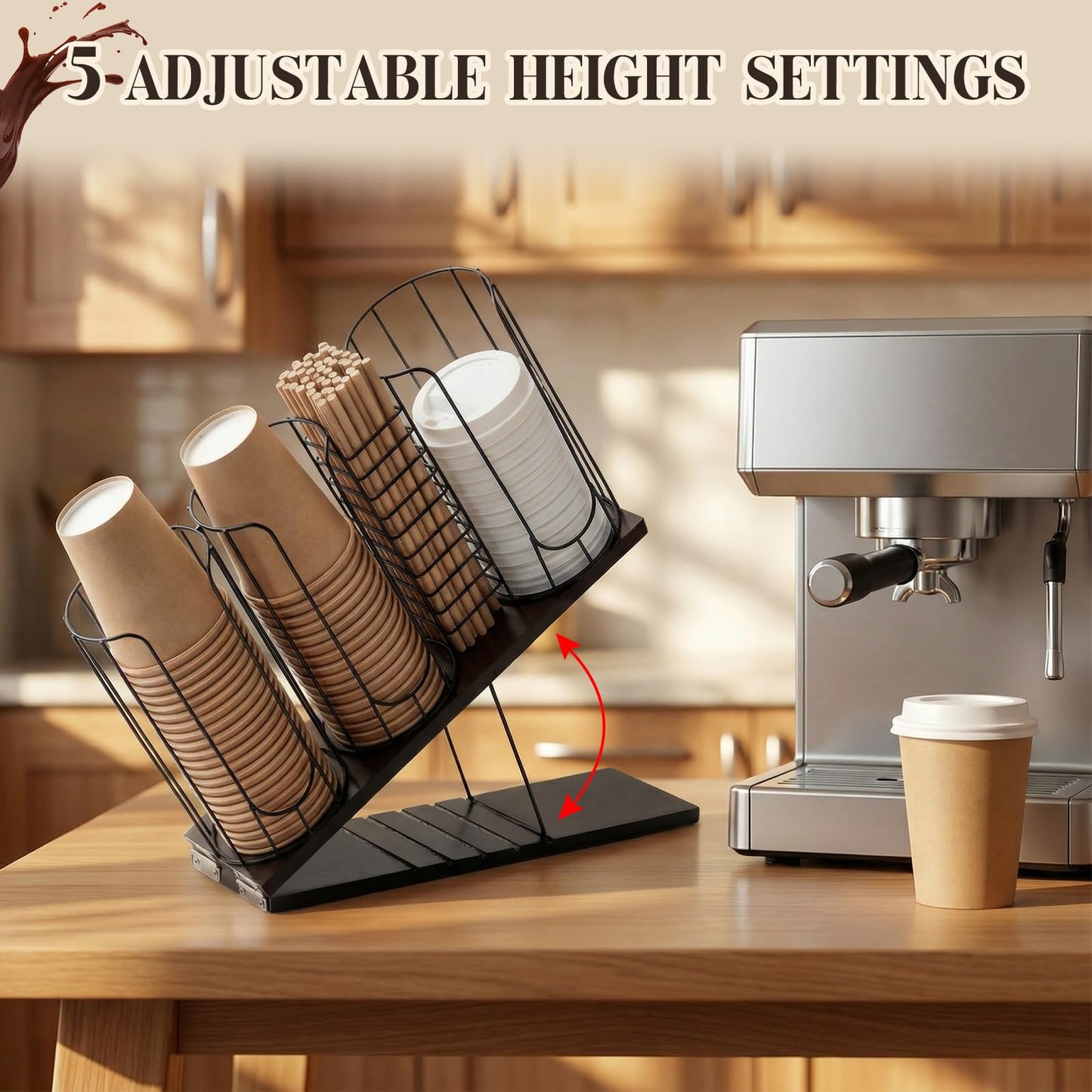 Geelin Adjustable Coffee Cup Dispenser, 4-compartment Cup and Lid Holder, Metal Holder Organizer for Storing Paper Cups, Straws, Lids and Disposable Tableware for Coffee Bar Countertop Breakroom