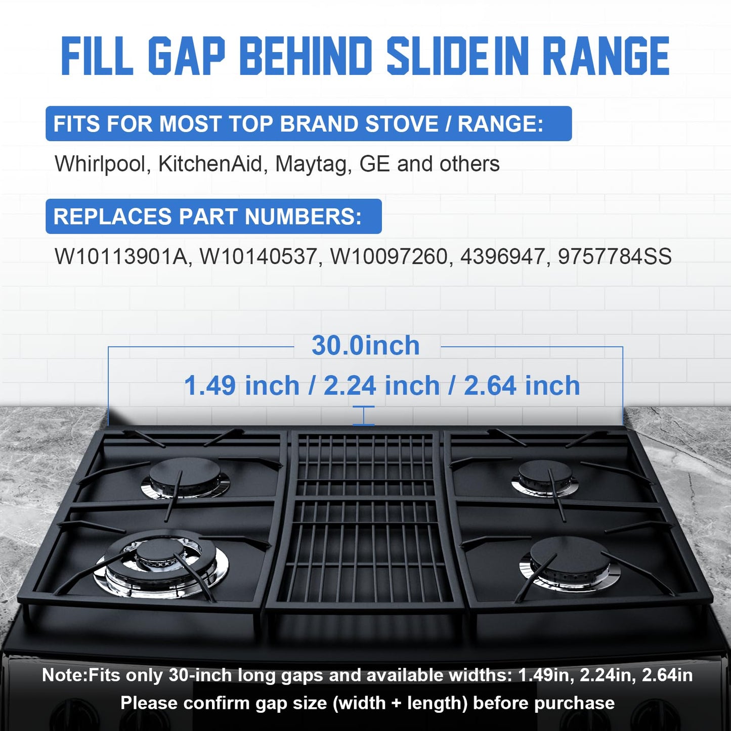 30" Slide-in Range Rear Filler Kit W10113901A, Stove Gap Universal Triangular Filler Strip, Cooktop Trim Kit Between Stove and Backsplash for Whirlpool & Most Brand, Durable Aluminum, Silver
