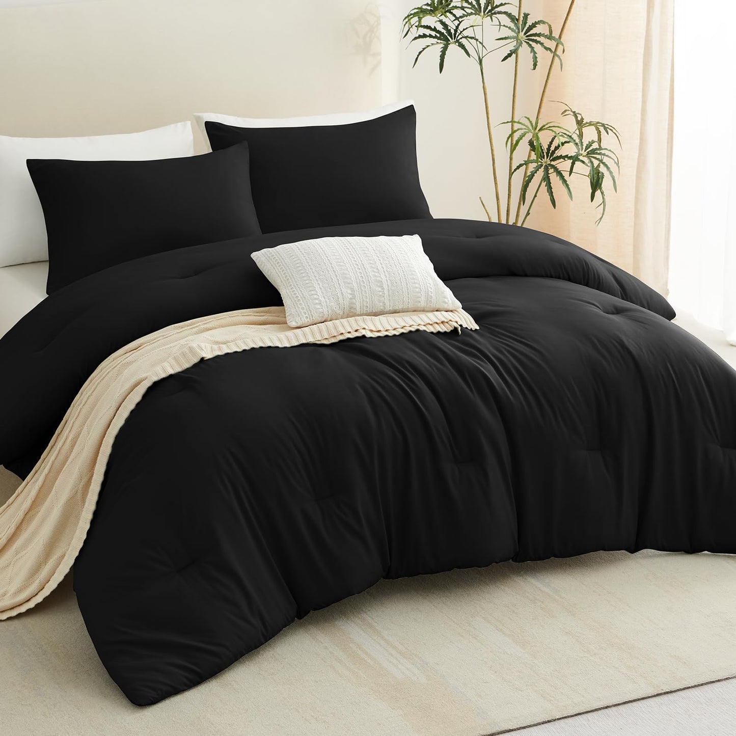 CozyLux King Size Comforter Set Black, 3 Pieces Solid Comforters King Size Breathable Quilted Style Bedding Set, Luxury Soft Microfiber Down Alternative Comforter Bed Set (1 Comforter & 2 Pillowcases)