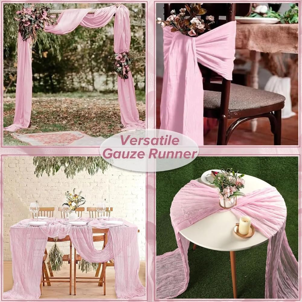 12 Pack Light Pink Cheesecloth Table Runner 35x120 Inch 10Ft Boho Gauze Fabric Table Runner Rustic Sheer Runner for Wedding Birthday Baby Shower Party Boho Table Decoration(Light Pink, 12 Pack)