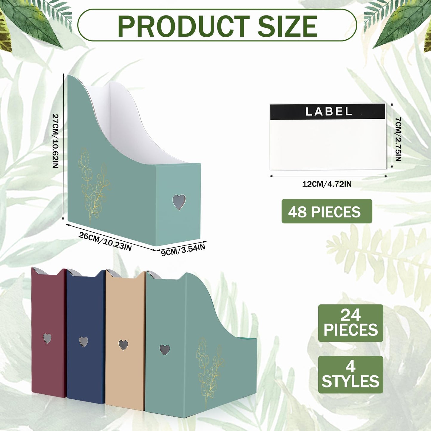 libfrnt 24 Floral Cardboard Magazine Holders Set, File Folders Organizer Decorative 10.23x10.63 Inch with 48 Printable Labels Storage Boxes for Home Office School Desk Classroom