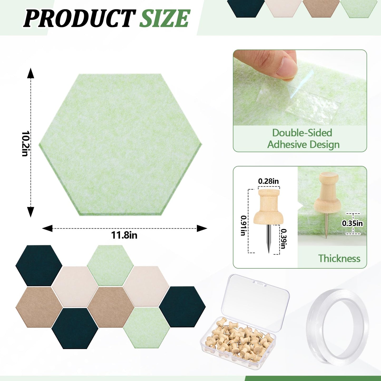 Mindsoft 16 Pcs Hexagon Cork Board for Walls with 50 Wooden Push Pins 12x10 in Felt DIY Tiles Notice with Nano Tape Hanging Bulletin Board for Home Photo Office Memo Note (Green)