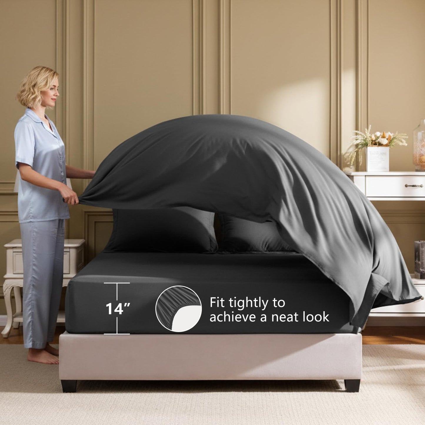 HIMEET Queen Comforter Set - 7 Pieces Bed in a Bag Queen Size, Luxury Comforter Set with Sheets for All Season, Bed Set with Comforter, Flat Sheet, Fitted Sheet, Pillowcases & Shams, Dark Grey