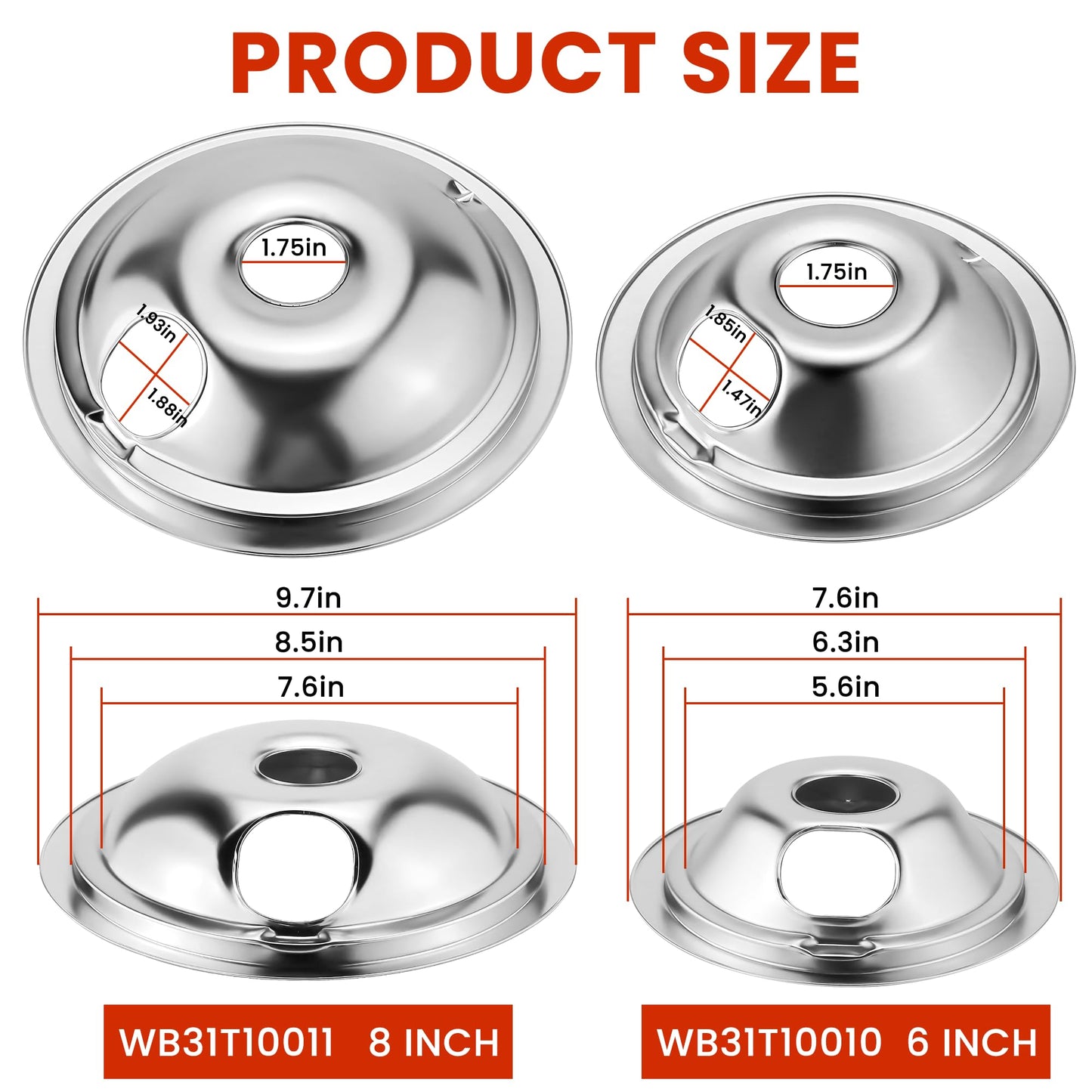 AMI PARTS Stove Drip Pan Burner Kit - WB31T10010 & WB31T10011 Porcelain Drip Pan Bowls, WB30M1 & WB30M2 Electric Coil Burner Elements - Fit for G-E, Hot-point, Ken-more, Includes Cleaning Cloth