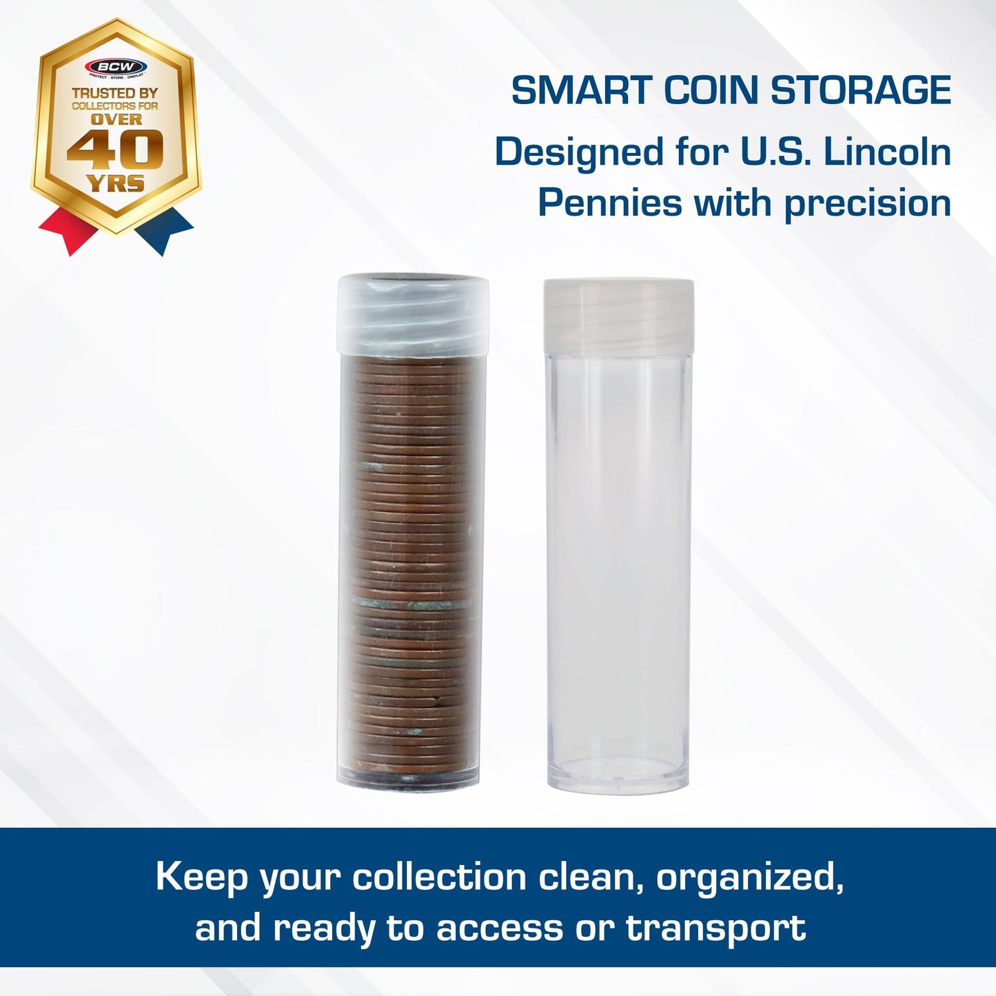 BCW Coin Tubes for US Pennies - 50ct | Holds Lincoln Penny | Durable Plastic Tube Holders | Collecting Supplies
