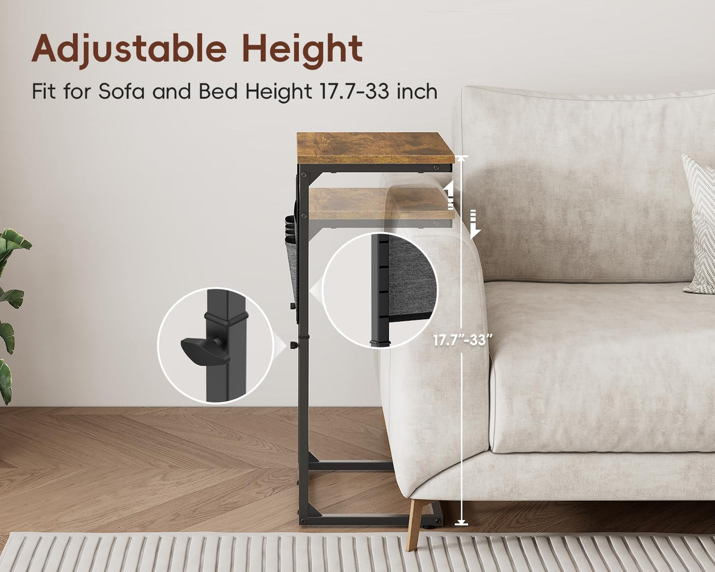 Vagusicc C Shaped End Table with Charging Station, 33" Tall Side Table for Couch, C Table End Table Adjustable Height Side Table TV Tray, Slide Under Sofa Couch Table for Living Room, Bedroom, Brown