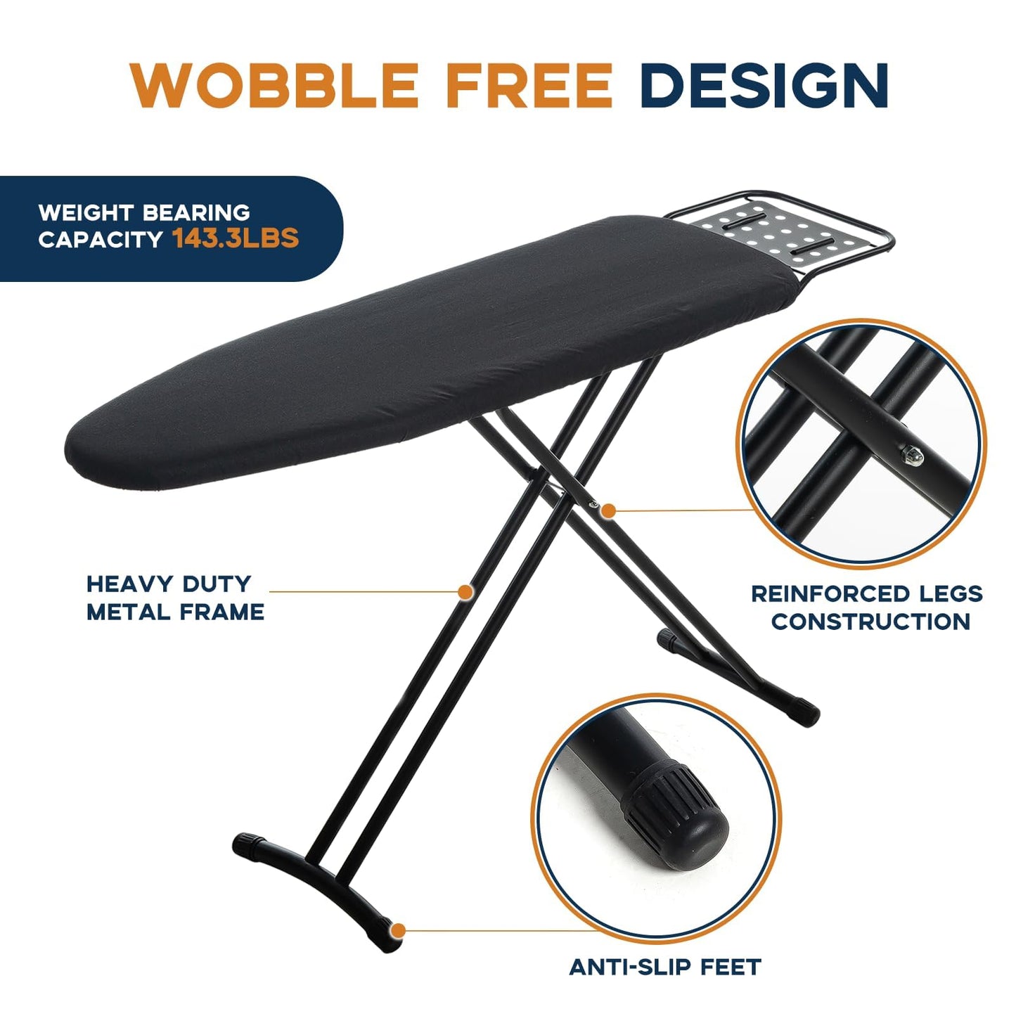Ironing Board Full Size, RAINHOL 54"x13" Heavy Duty Compact Ironing Board with Iron Rest, Heat Resistant Cover with Ultra Thick Padding, Height Adjustable Sturdy Iron Stand, Black