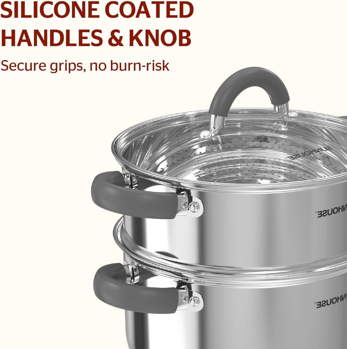 SUNHOUSE Stainless Steel Steamer Pot for Cooking - 3 QT Steaming Pot with Glass Lid & Steamer Basket - 2 Tier Tri-ply Base Vegetable Steamer with Stay-Cool Silicone Handles - Induction Compatible