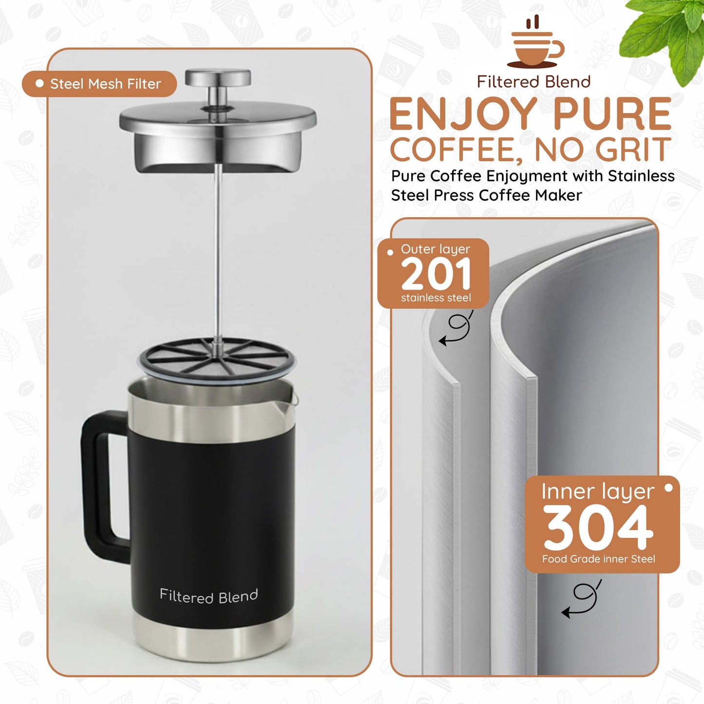 Filtered Blend 1.6L French Press Coffee Maker, 54oz Large Capacity French Press Stainless Steel Brewer with Double Filter Mesh for Kitchen Travel Camping, Hot & Cold Brew Coffee Maker Gifts (Black)