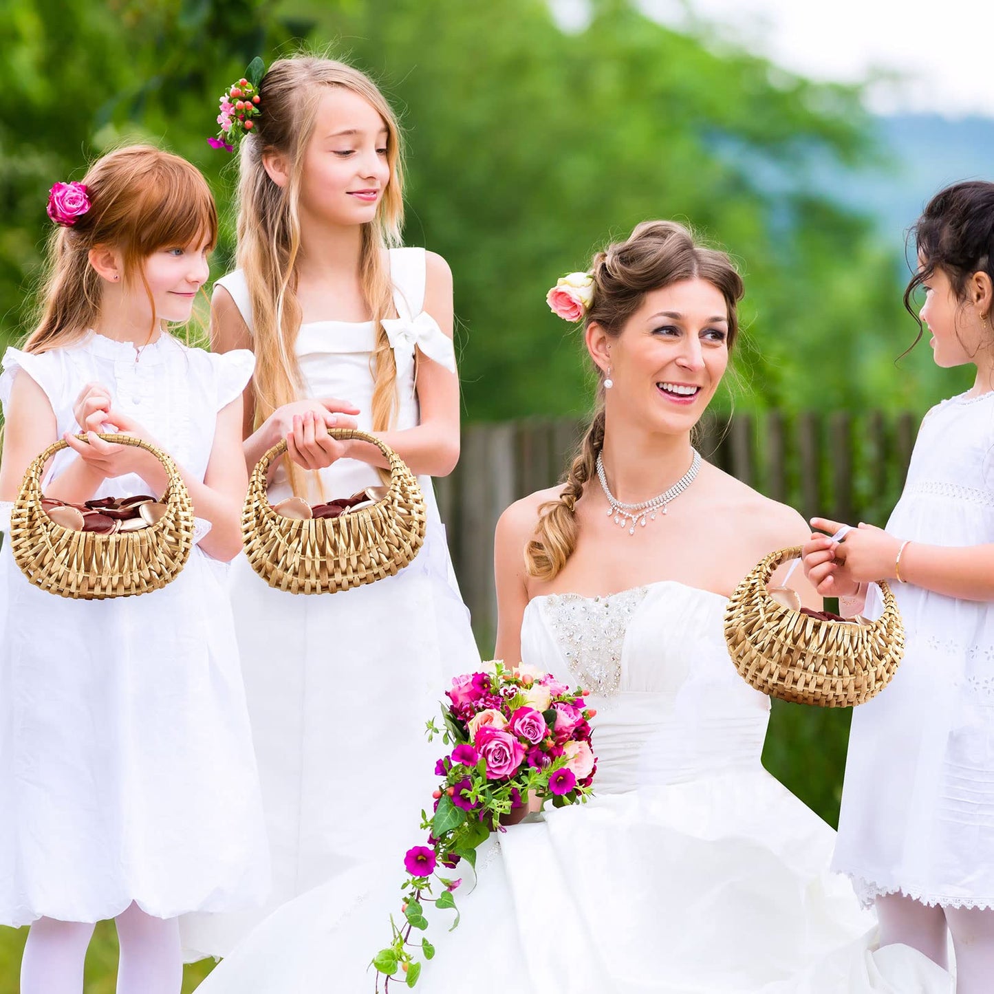 Taiyin 6 Pack Rattan Flower Girl Basket Half Moon Straw Wicker Basket with Handle 6.7" x 6.5" x 4.3" Ideal for Wedding Flower Girl, Picnic, Garden Storage and Home Decor (Nature)