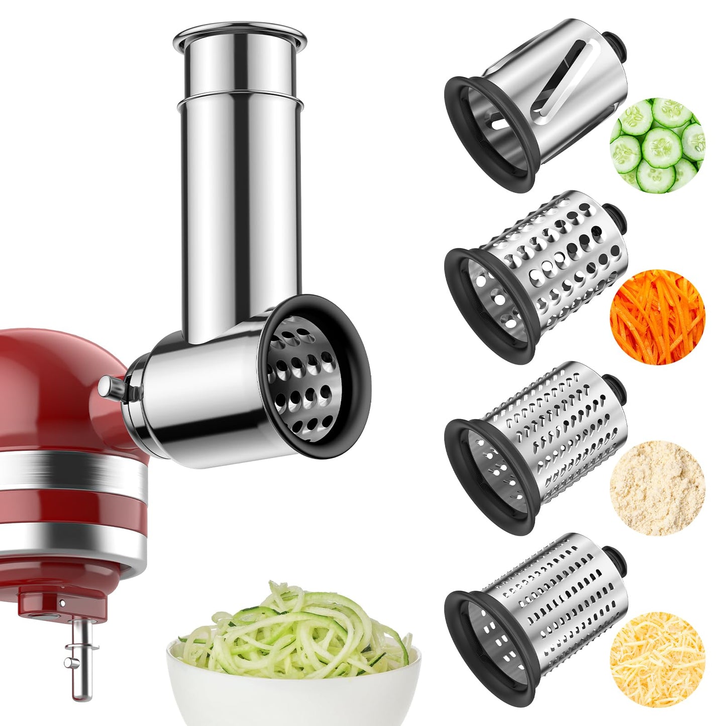 Stainless Steel Slicer Shredder Attachment for KitchenAid Stand Mixer, Includes Cheese Grater,Grinding Powder,Vegetable Slicer Shredder for KitchenAid cheese grater attachments with 4 Blades by HOZODO