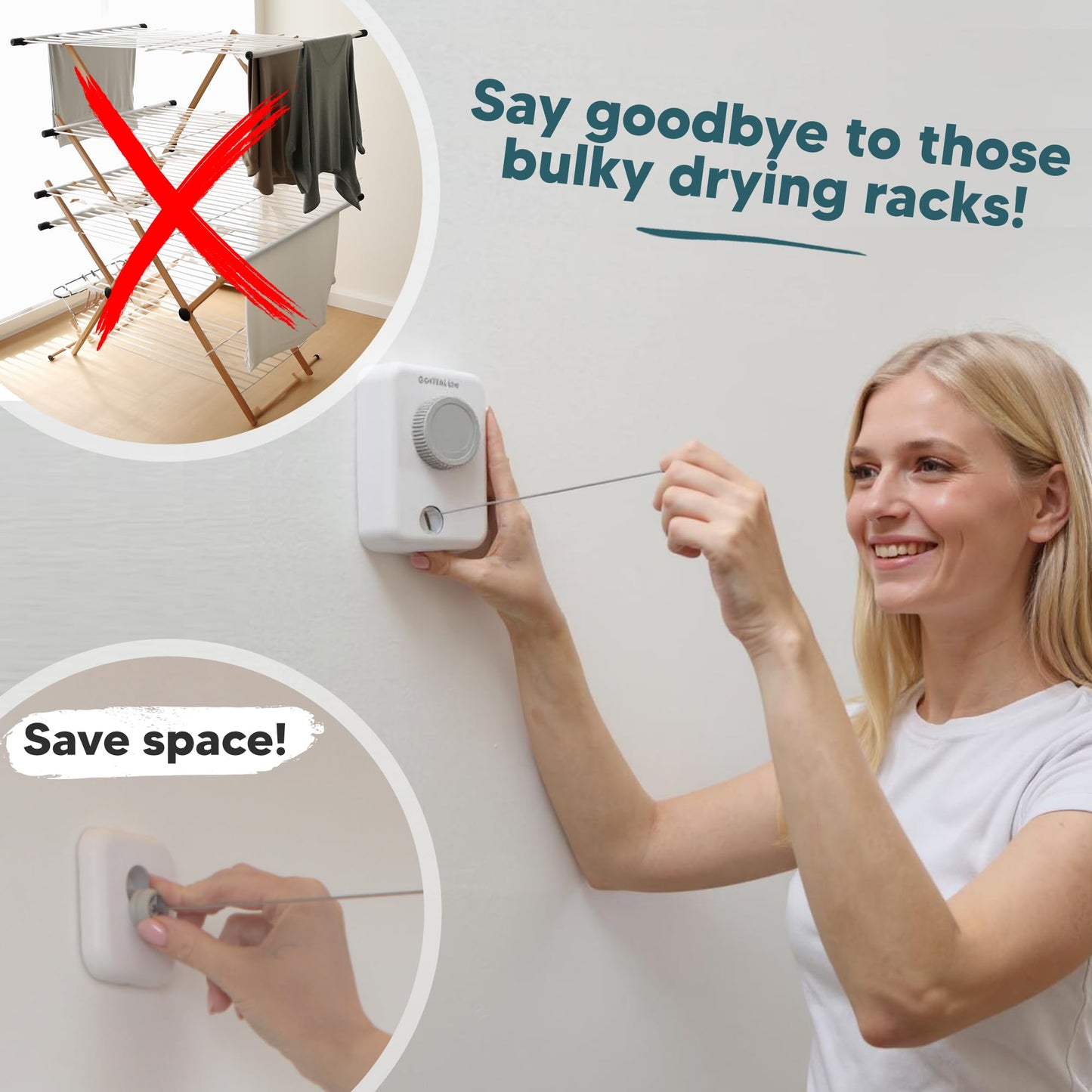 GorillaLine Max – Retractable Clothesline Indoor Outdoor, Non-Sagging Heavy Duty Clothes Drying Line, Wall Mounted Drying Rack, Air Dry Clothing, Max Tighten with GorillaGrip