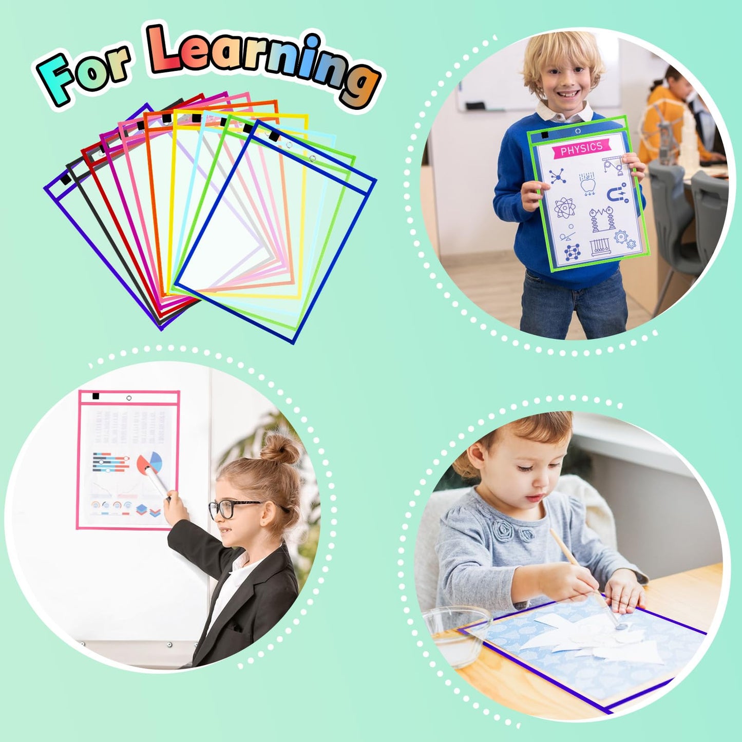 EEHZTSI 50 Packs Dry Erase Pocket Sleeves, Reusable Clear Plastic Classroom Sleeves, 10x14 Inch Ticket Holders, for School/Office Organization, Assorted