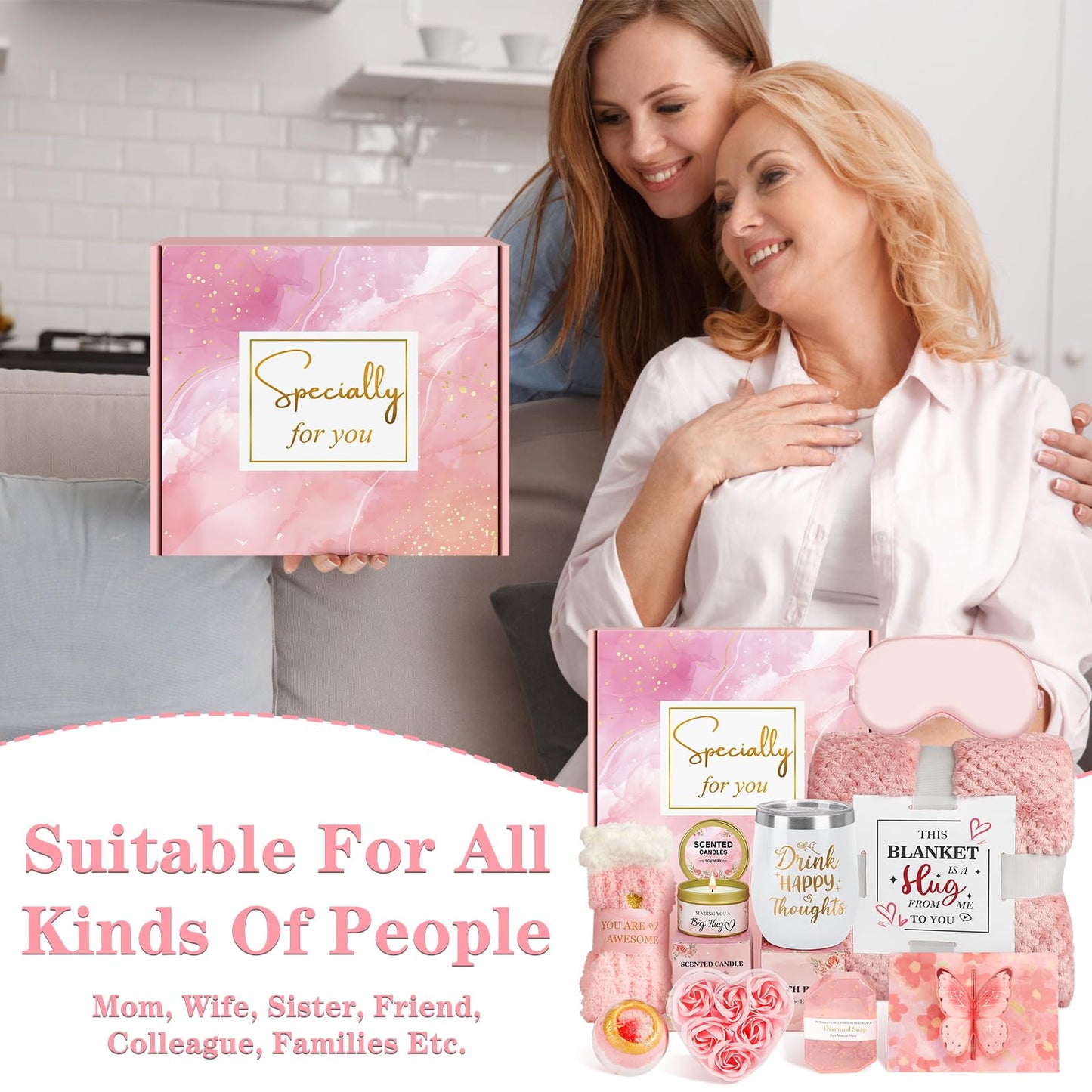 Birthday Gifts for Women Graduation Gifts for Her, Unique Self Care Package Get Well Soon Basket Rose Relaxing Spa Kit with Flannel Blanket Tumbler, Happy Christmas Box for Friend Mom Sister Wife