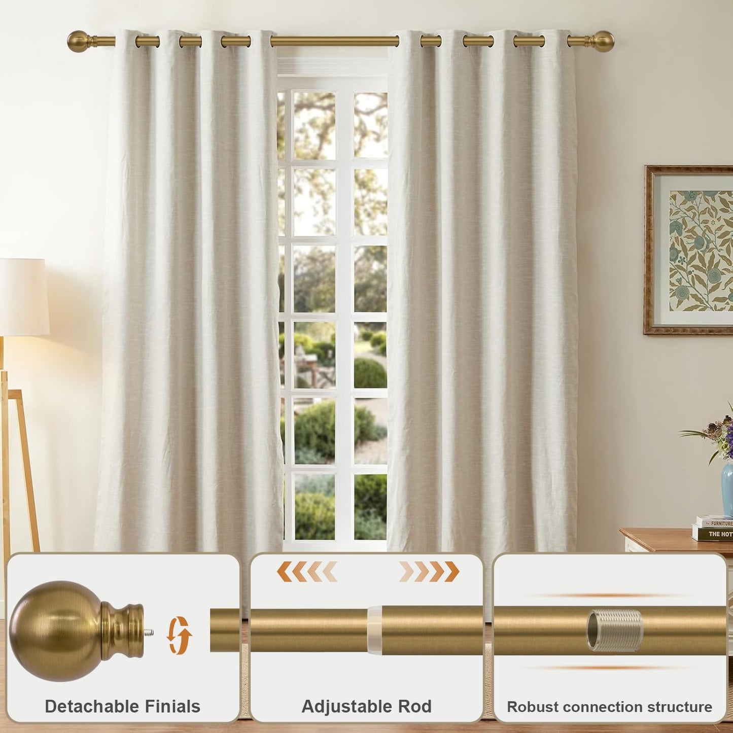 Warm Gold Curtain Rods for Windows 72 to144 Inch Brass Extra Long Heavy Duty Adjustable single 1" Diameter with vintage Brushed Bronze Metal Finials Antique for Living Room Bedroom Farmhouse Kitchen