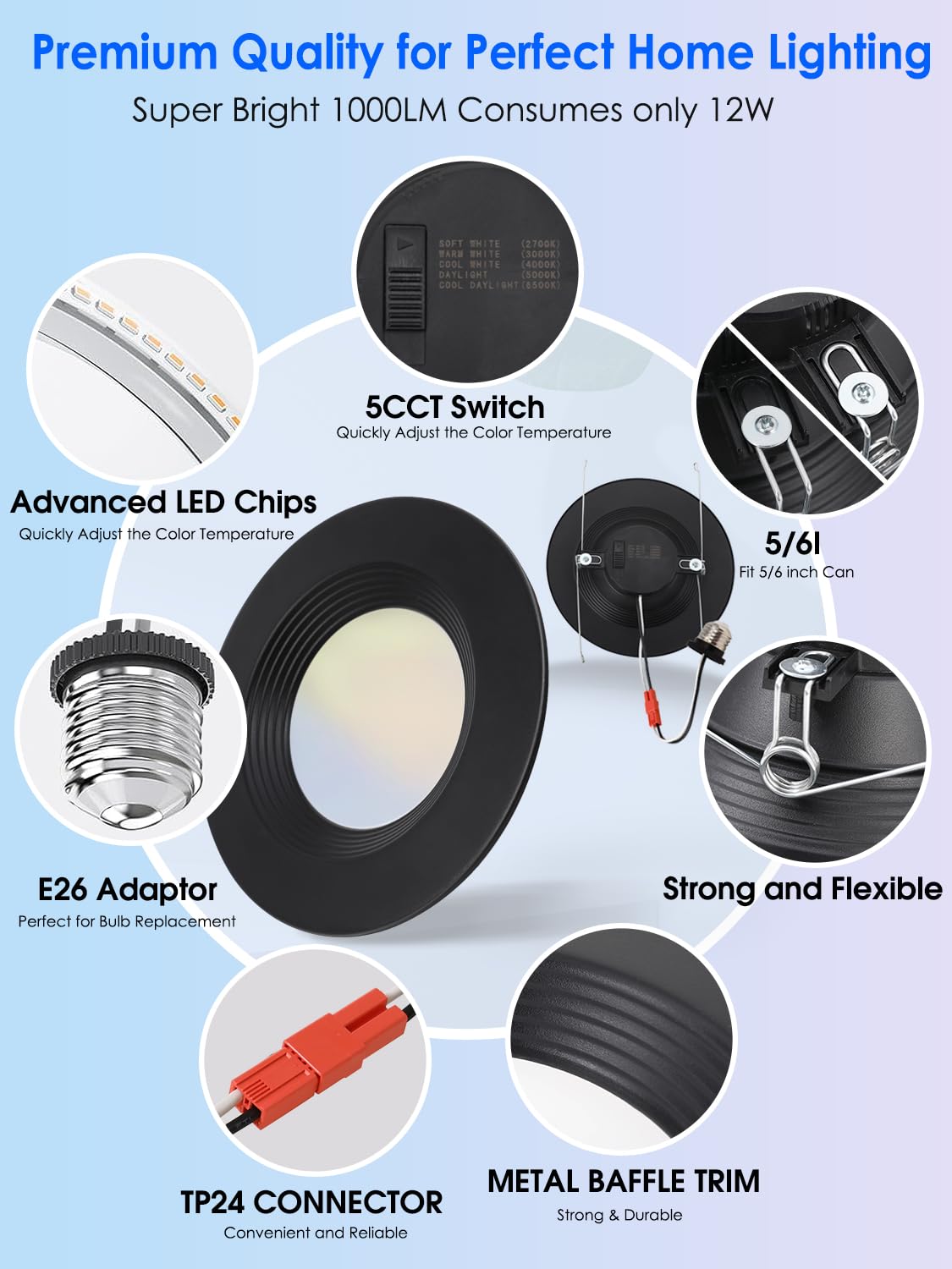 12 Pack 5/6 Inch 5CCT Black LED Recessed Lighting Retrofit, 2700K/3000K/4000K/5000K/6500K Selectable, Dimmable Can Lights with Baffle Trim, 12W=150W, High Brightness 1000LM, Wet Rated, ETL Certified