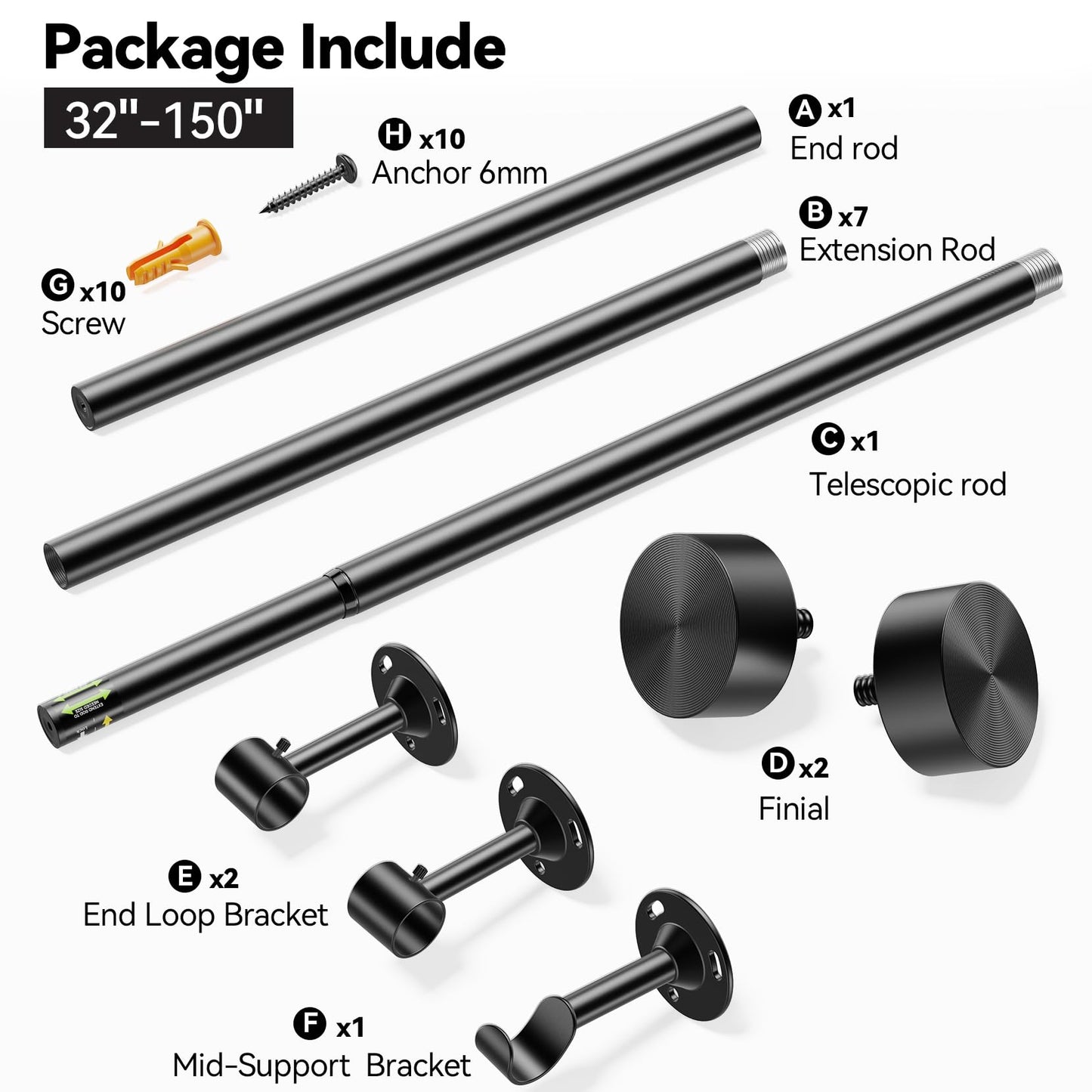 YaFex Heavy Duty Curtain Rods 32-150 Inch, 1 Inch Adjustable Black Curtain Rod for Windows, Extra Long Window Treatment Rods with Aluminium Finials, Easy Installation