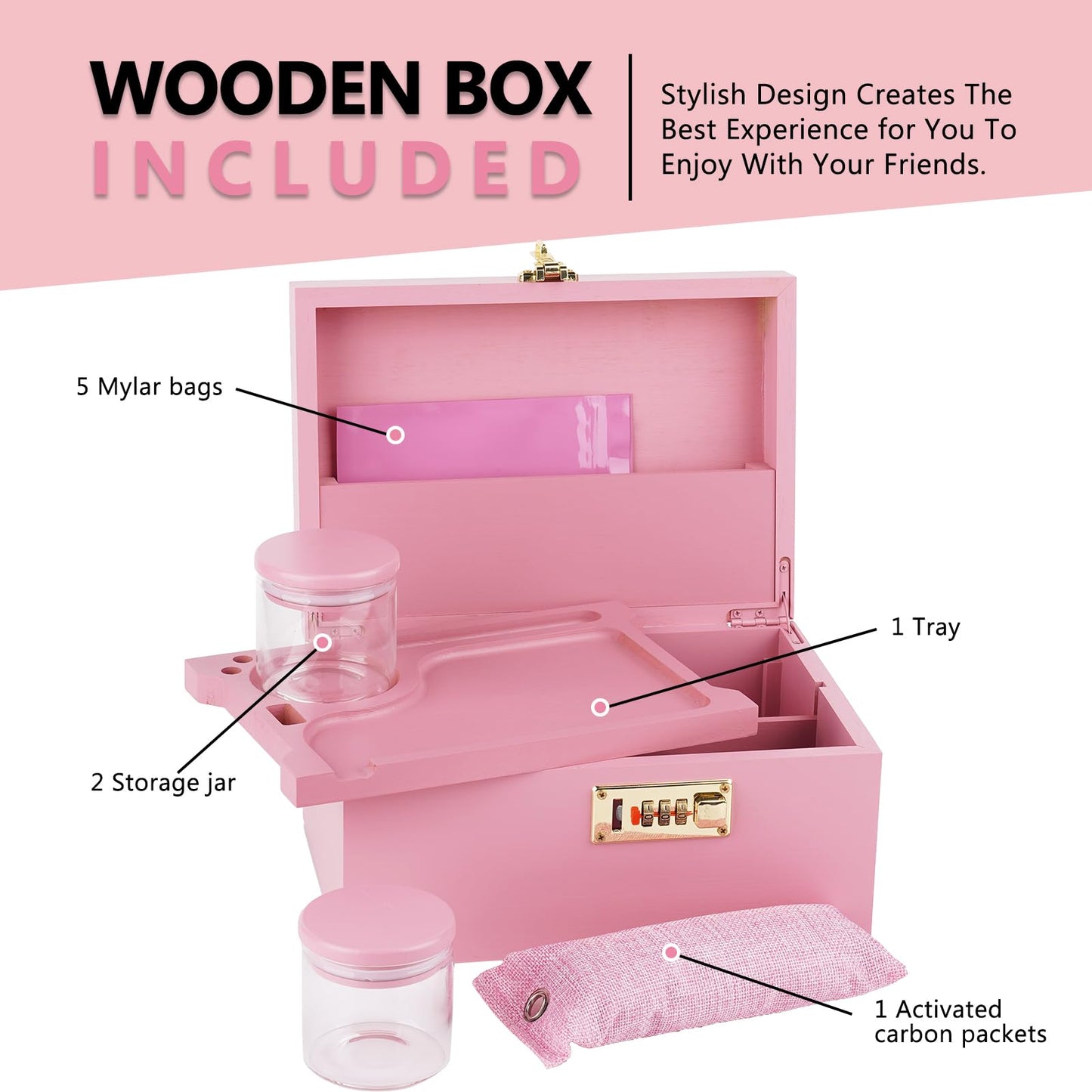 OZCHIN Large Bamboo Box with Combination Lock Decorative box for Home Great Gift Choice Storage Lockbox with Storage Jar, Gifts for Men Women (Pink, 10 x 6.9 x 5 inches)