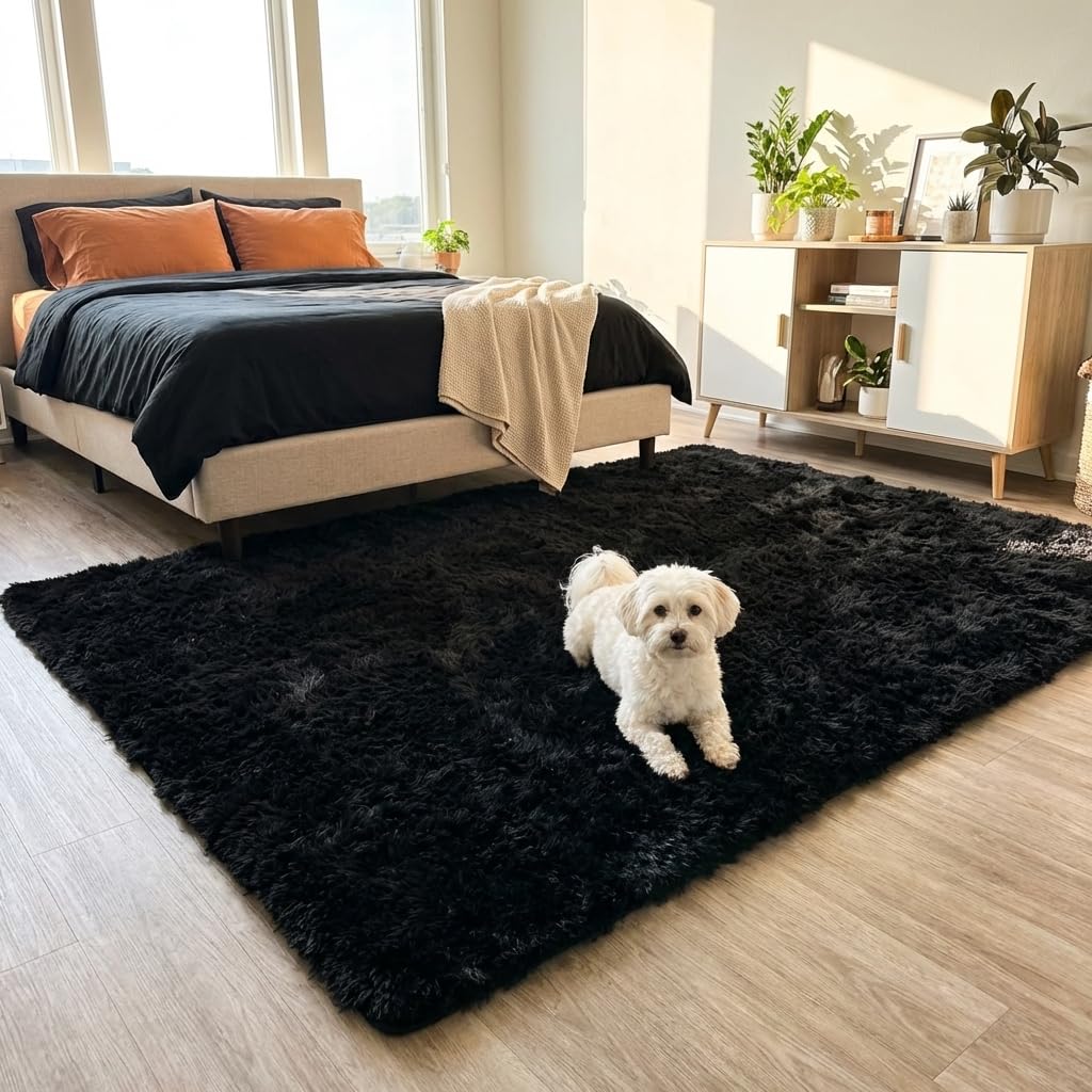 Mugorn 8x10 Area Rugs for Living Room, Large Fluffy Black Rugs for Bedroom, Soft Carpet Shag Kids Room Rug, Non-Slip Fuzzy Rugs Indoor (8ft x 10ft, Black)