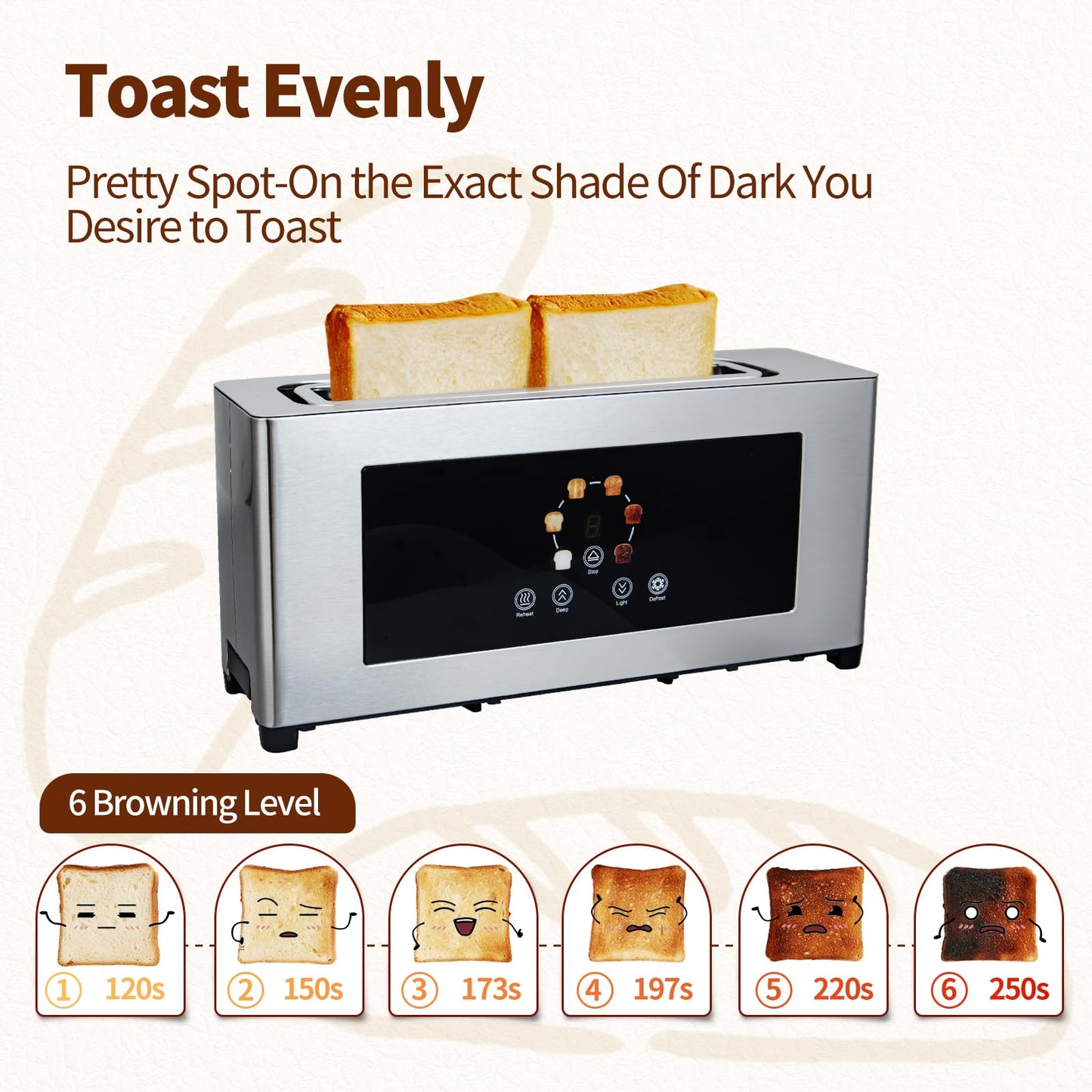 BBday 2 Slice Toaster with Touch Screen, Slim Toaster For Long Slice, 1.6" Wide Slot, 6 Browning Levels, 1000W Fast Heating, Slim Stainless Steel Design for Bagels, Baguettes, Compact Kitchen & RV Use