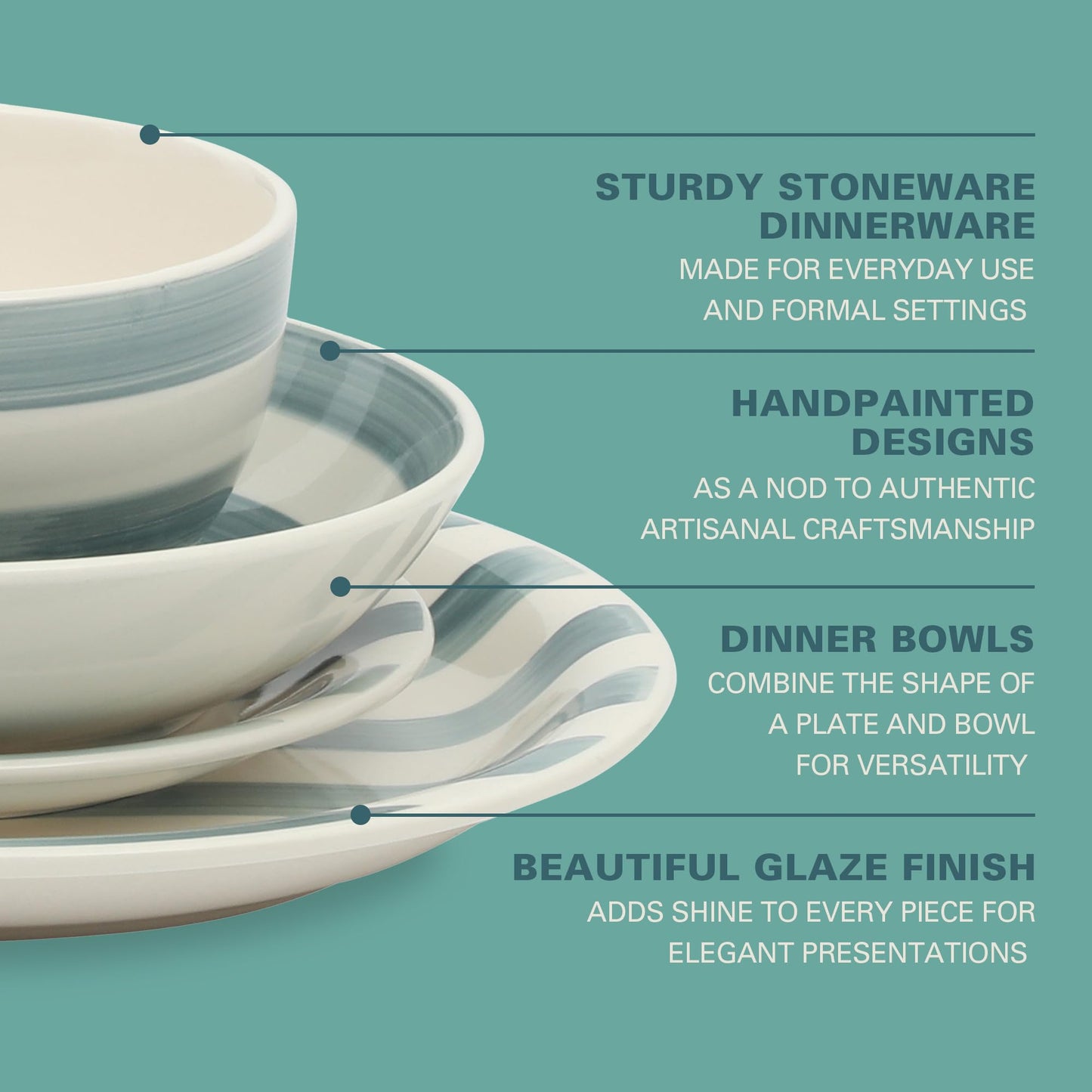 Gibson Home Kenwood Shores 16 Piece Dinnerware Set, Blue Striped, Hand-Painted Stoneware Dishes, Plates and Bowls, Service for 4, Microwave & Dishwasher Safe
